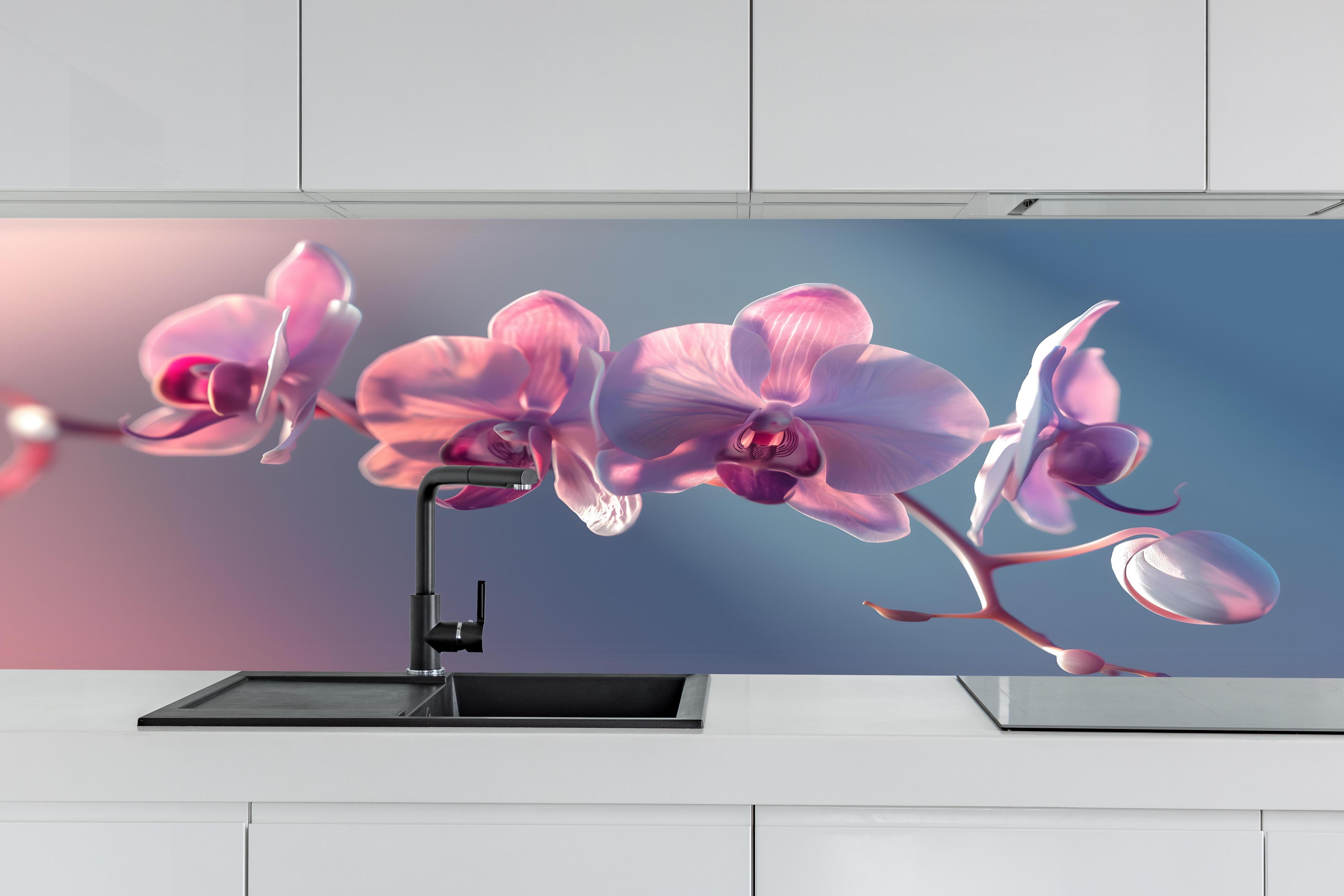 Küche - Rosa Orchideen auf Blau hinter weißen Hochglanz-Küchenregalen und schwarzem Wasserhahn