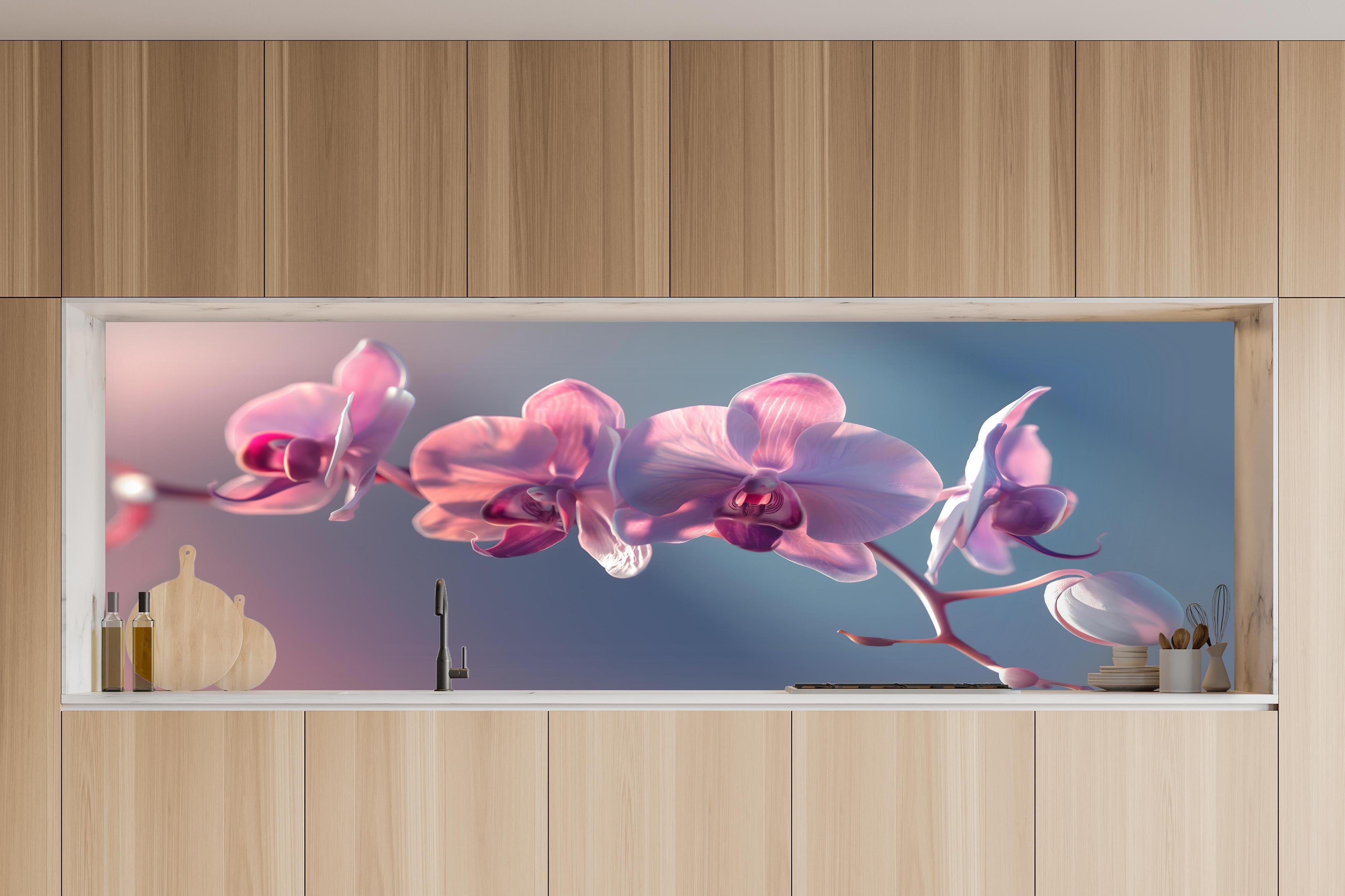 Küche - Rosa Orchideen auf Blau in charakteristischer Vollholz-Küche mit modernem Gasherd