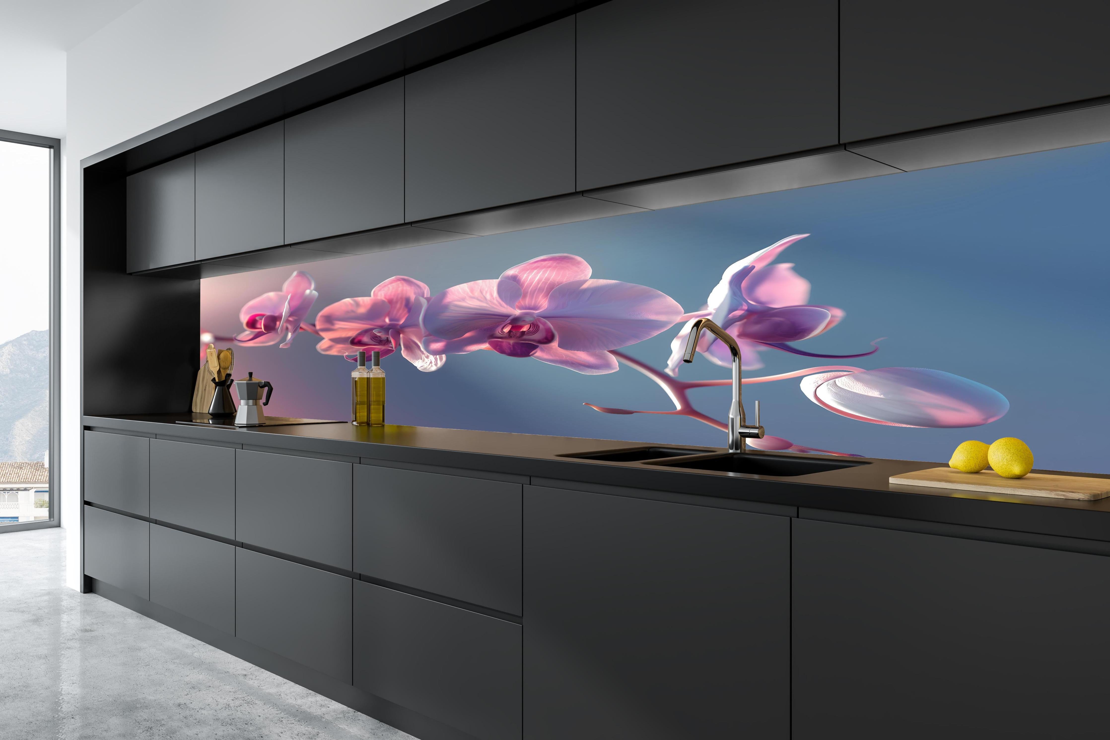 Küche - Rosa Orchideen auf Blau in tiefschwarzer matt-premium Einbauküche