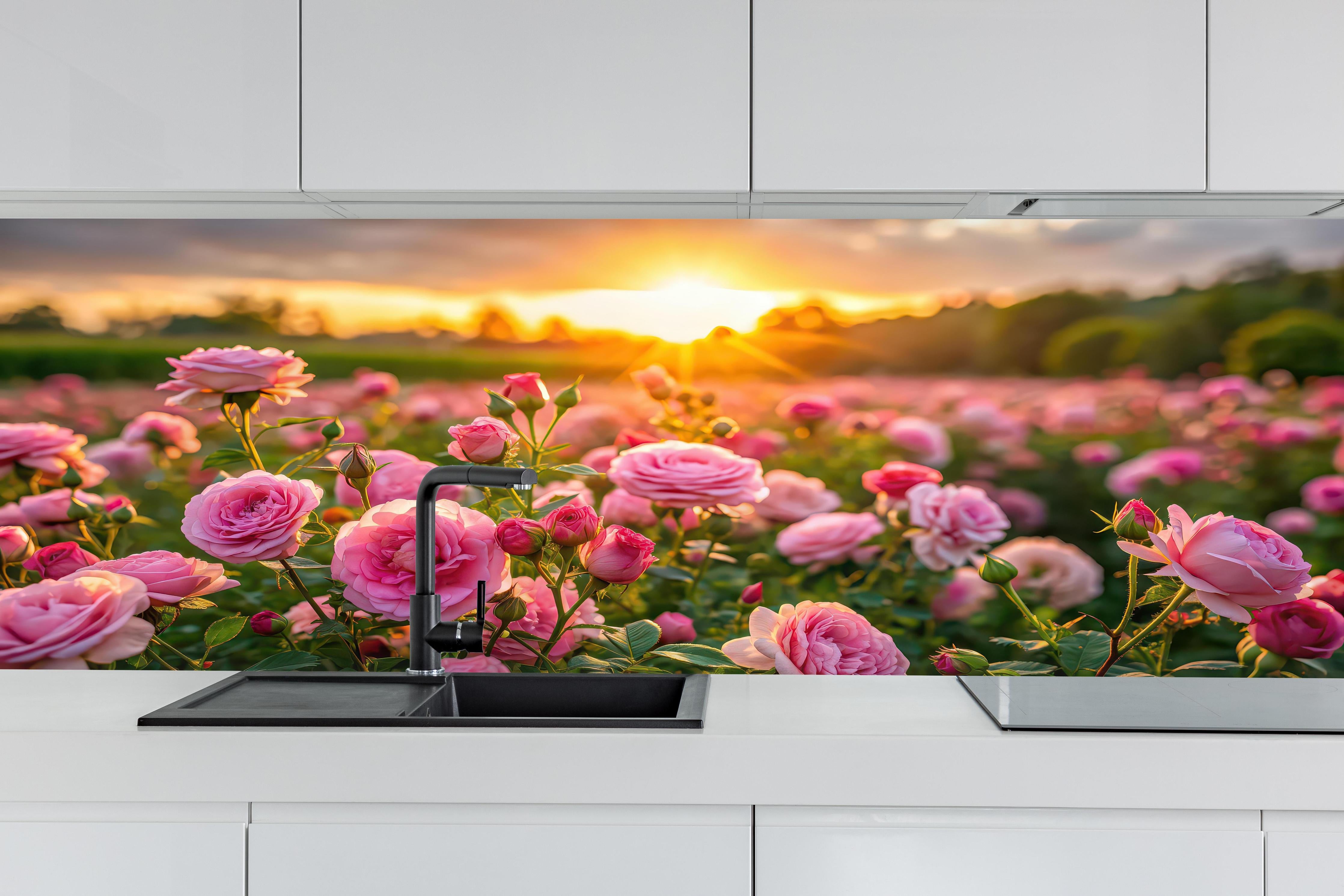 Küche - Rosenwiese bei Sonnenuntergang hinter weißen Hochglanz-Küchenregalen und schwarzem Wasserhahn