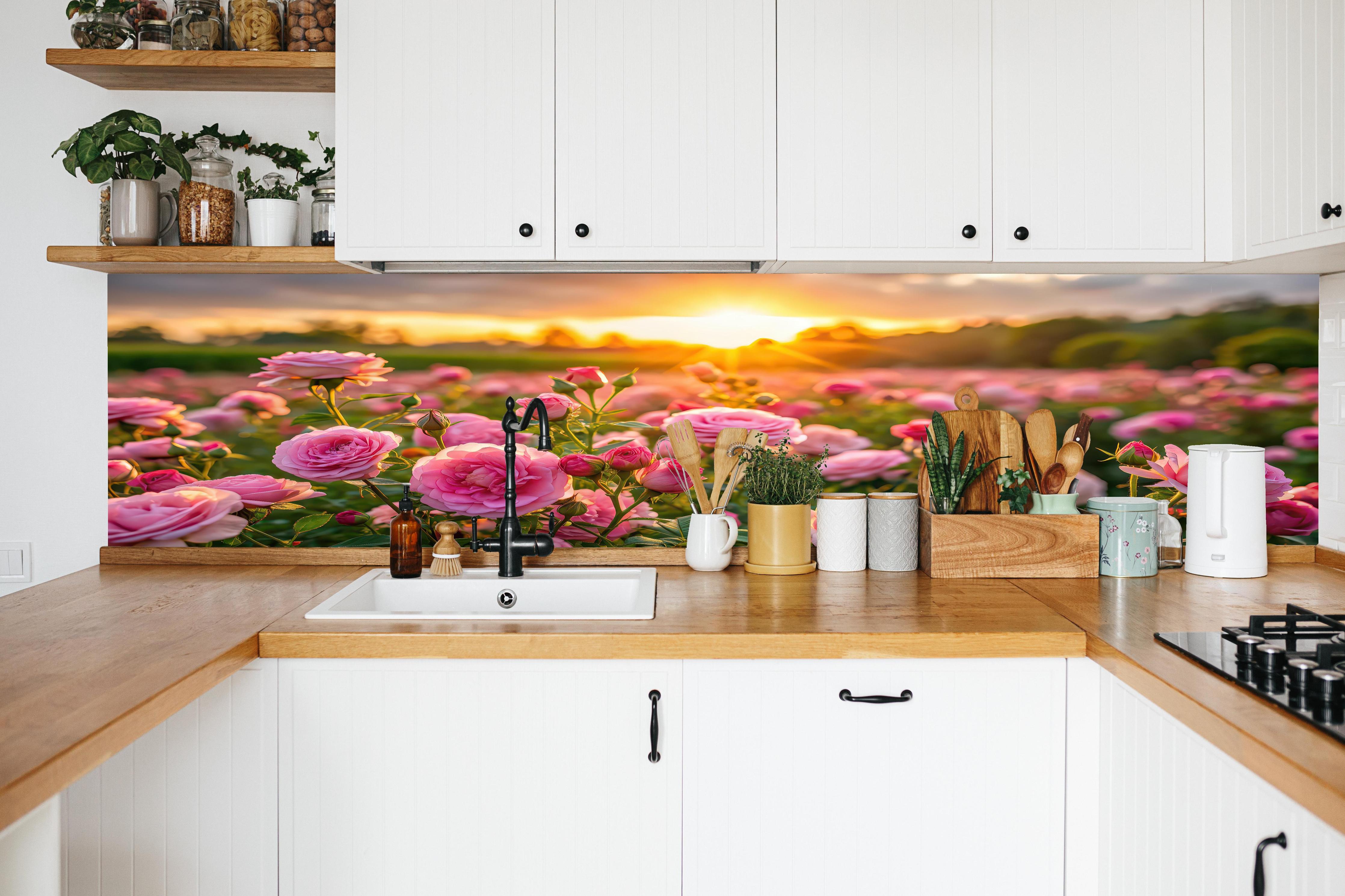 Küche - Rosenwiese bei Sonnenuntergang in weißer Küche hinter Gewürzen und Kochlöffeln aus Holz