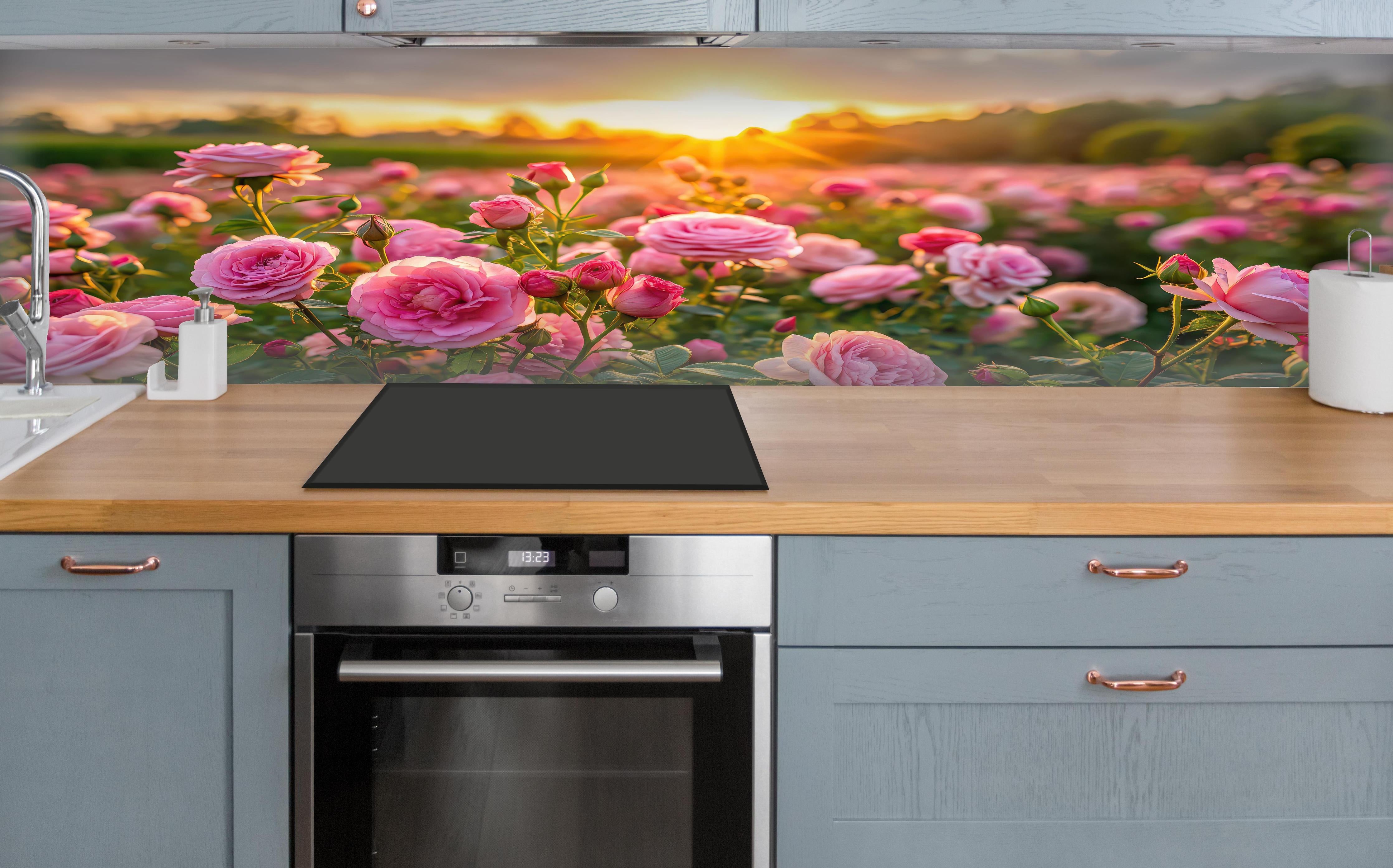 Küche - Rosenwiese bei Sonnenuntergang über polierter Holzarbeitsplatte mit Cerankochfeld