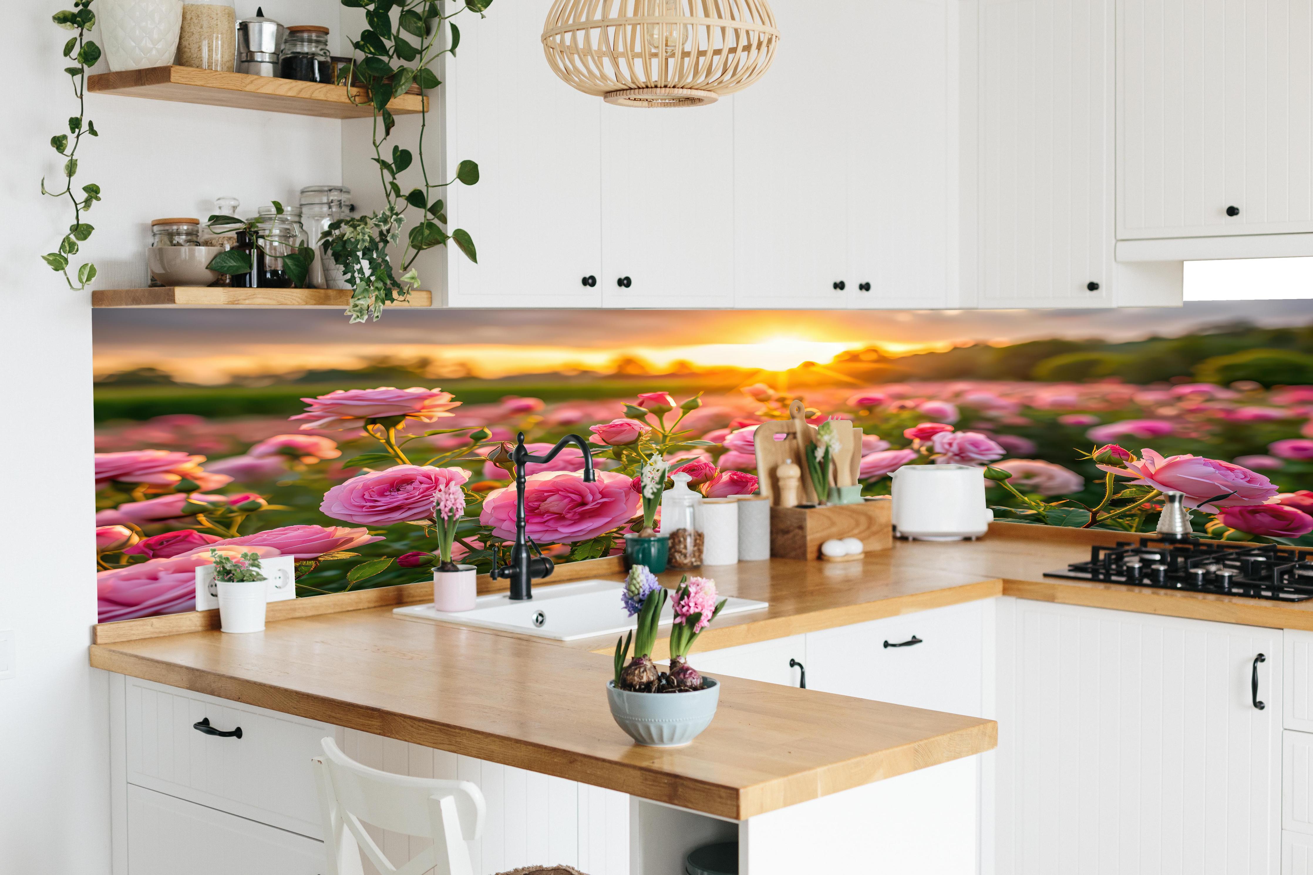 Küche - Rosenwiese bei Sonnenuntergang in lebendiger Küche mit bunten Blumen