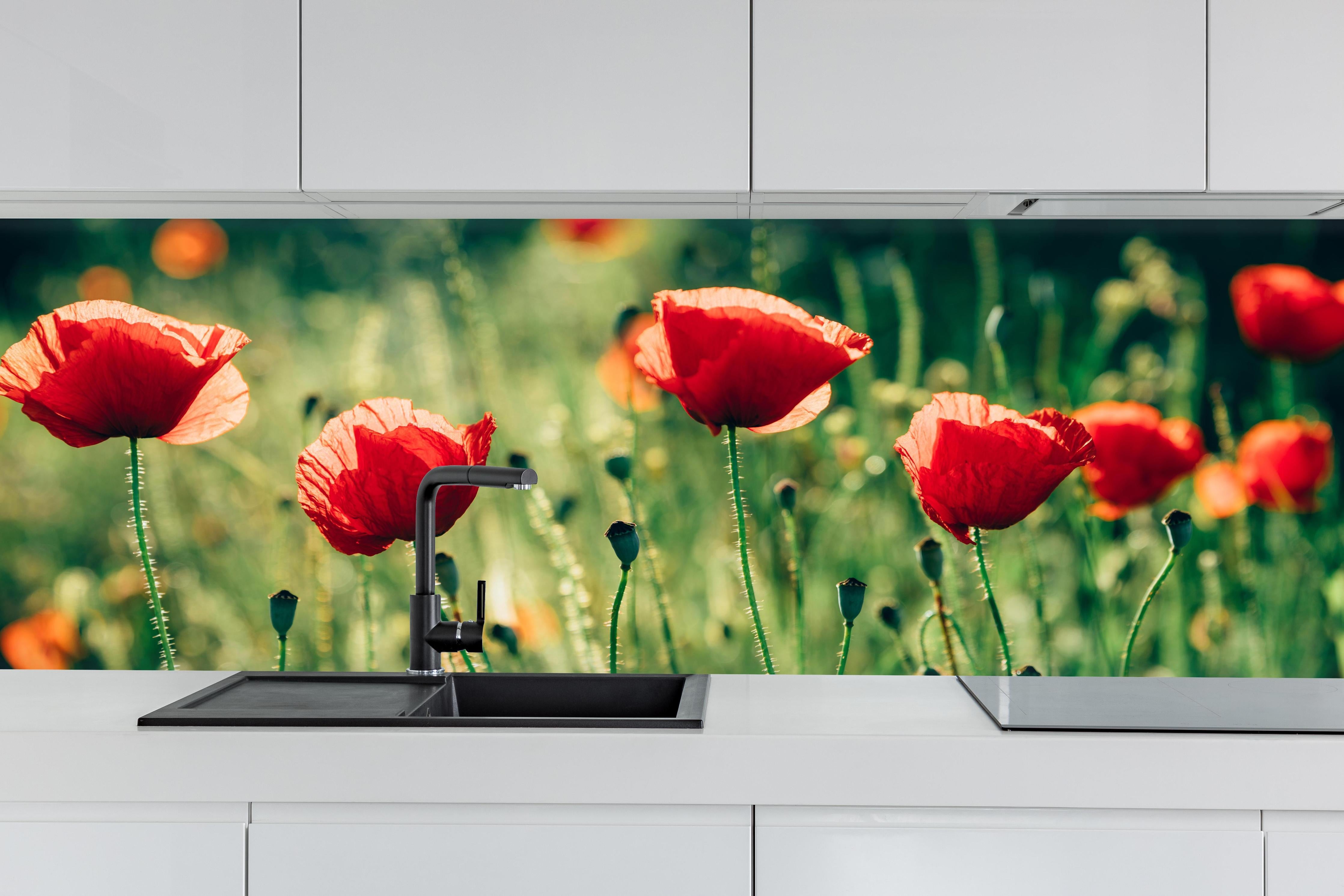 Küche - Rote Mohnblumen Sommerwiese hinter weißen Hochglanz-Küchenregalen und schwarzem Wasserhahn