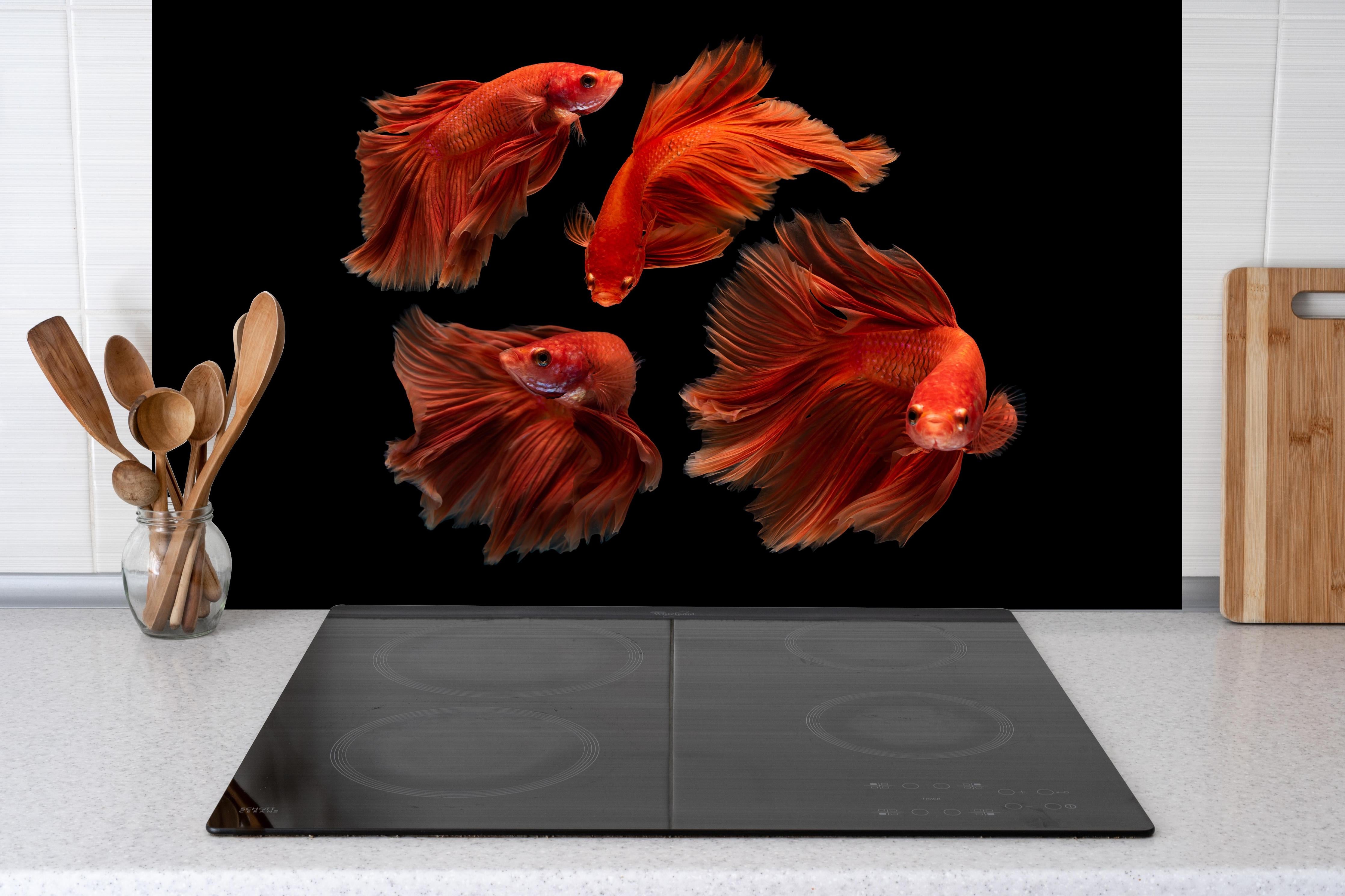 Küche - Roter Betta Fisch hinter Cerankochfeld und Holz-Kochutensilien