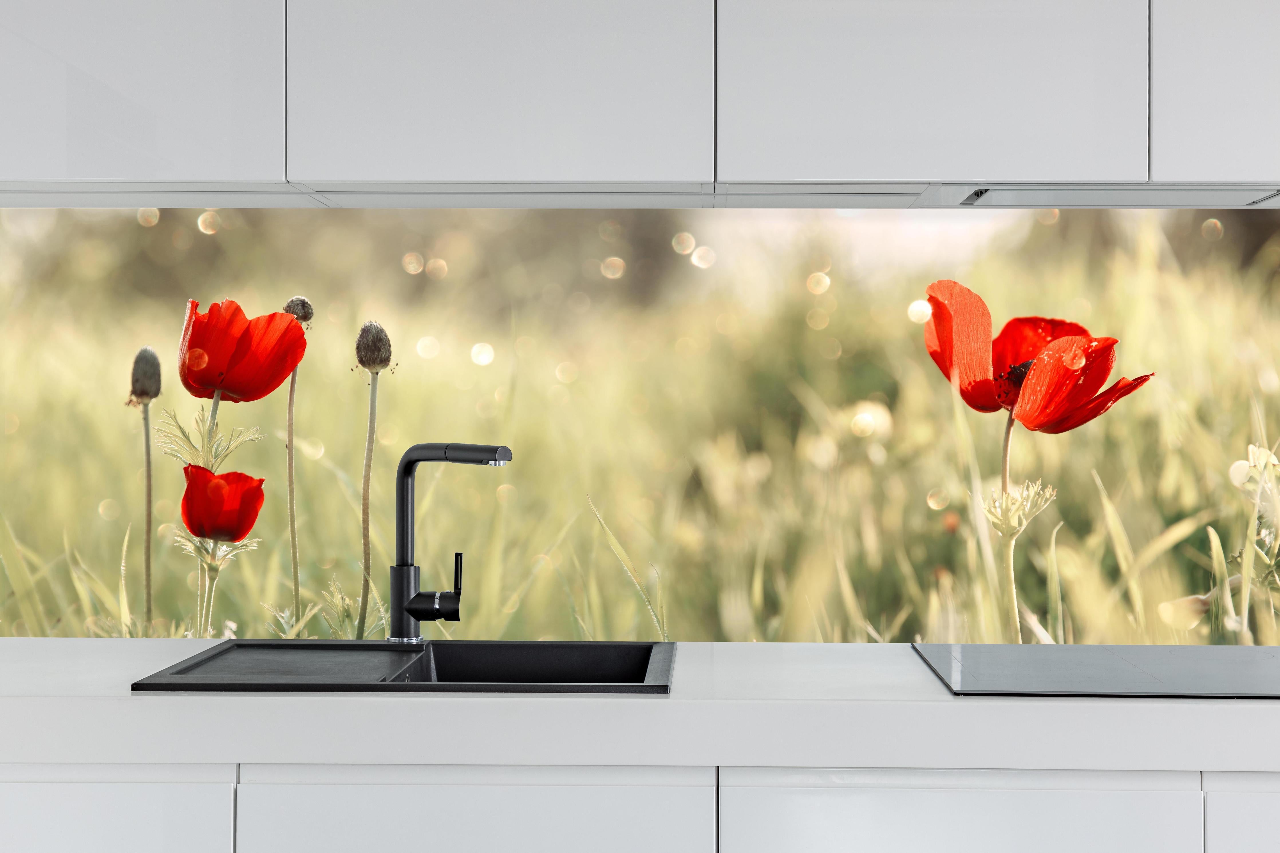 Küche - Roter Mohn auf Wiese hinter weißen Hochglanz-Küchenregalen und schwarzem Wasserhahn