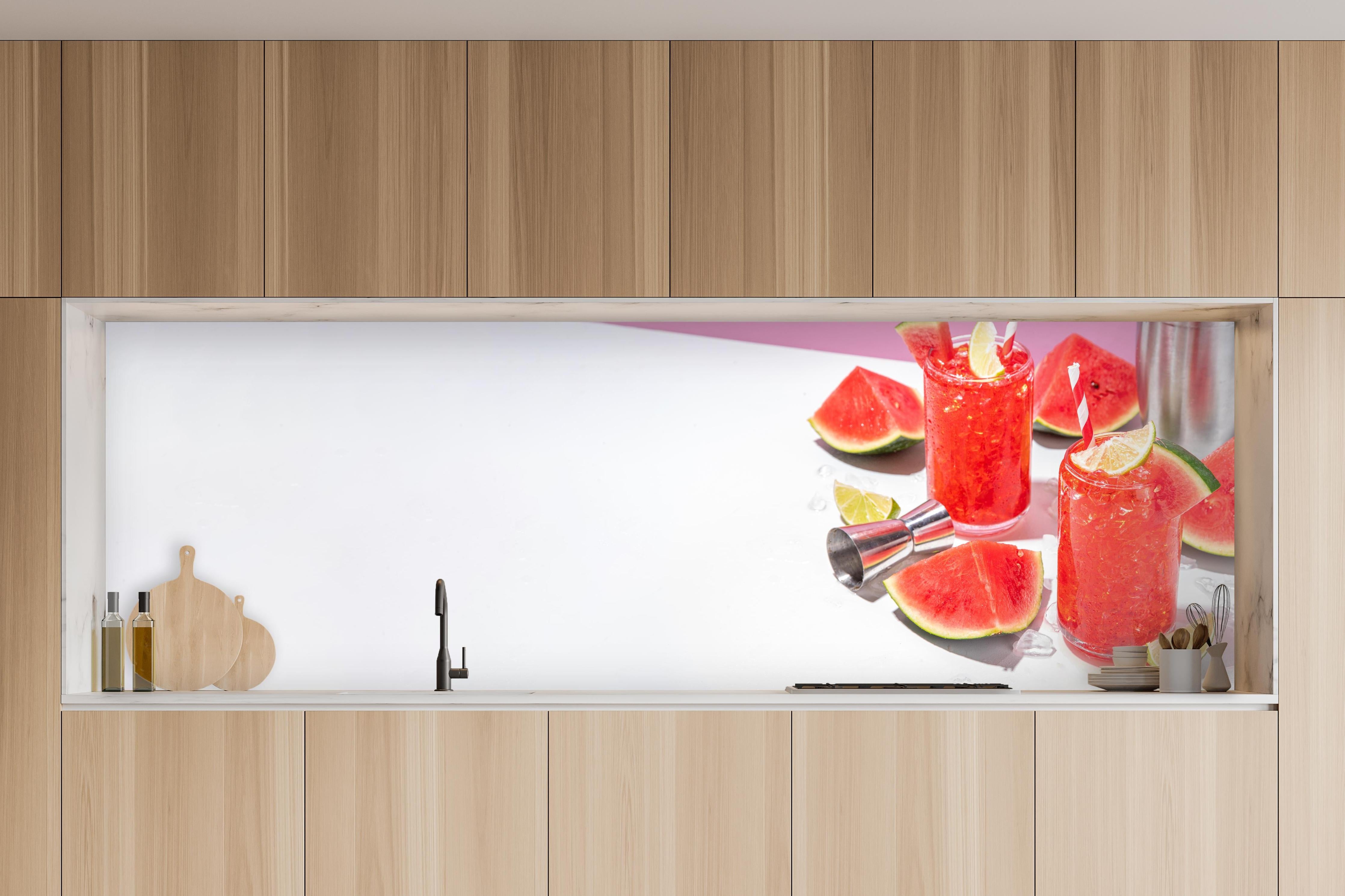 Küche - Roter Wassermelonen-Cocktail mit Limette in charakteristischer Vollholz-Küche mit modernem Gasherd