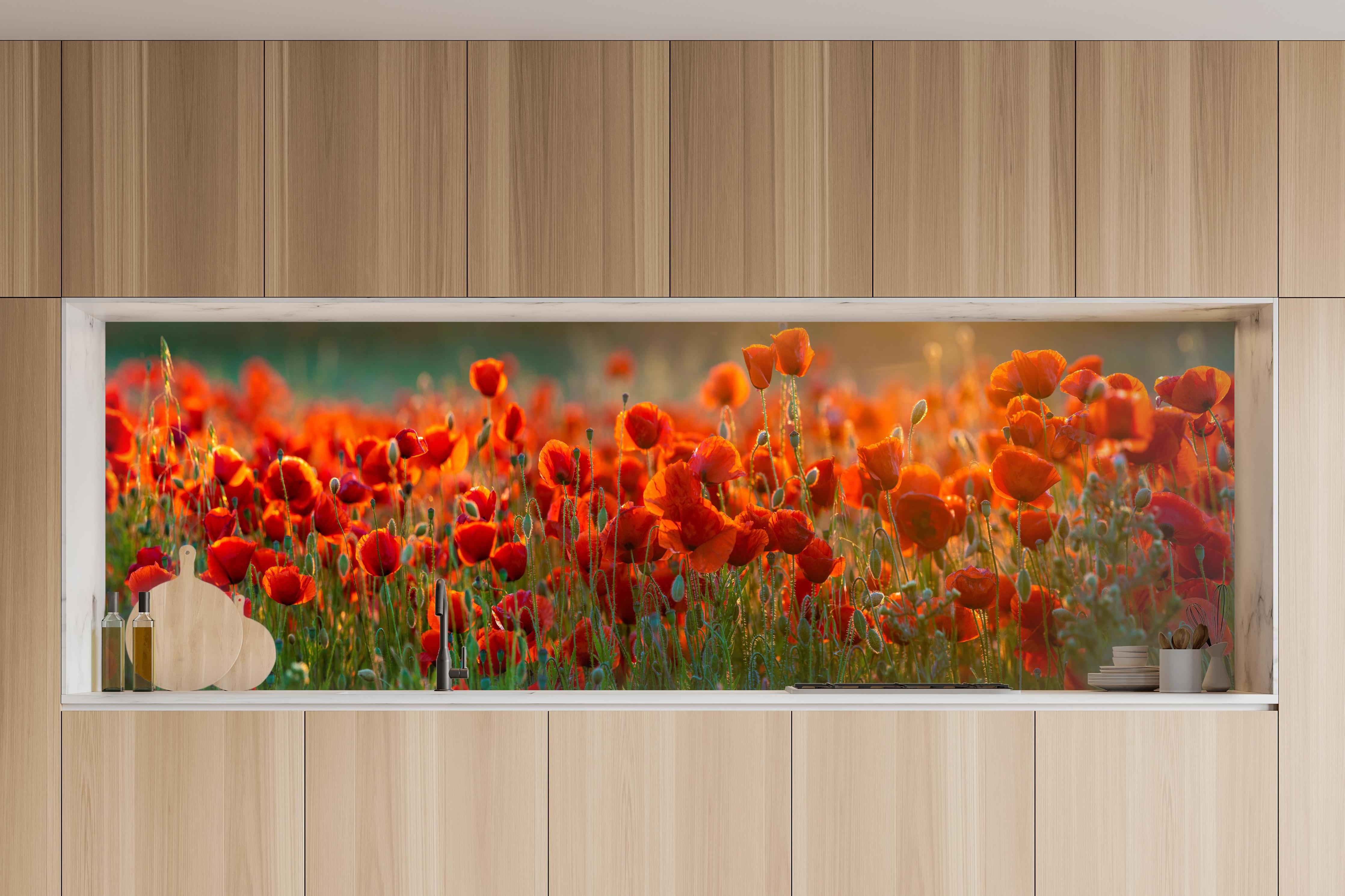 Küche - Rotes Mohnfeld Panorama in charakteristischer Vollholz-Küche mit modernem Gasherd