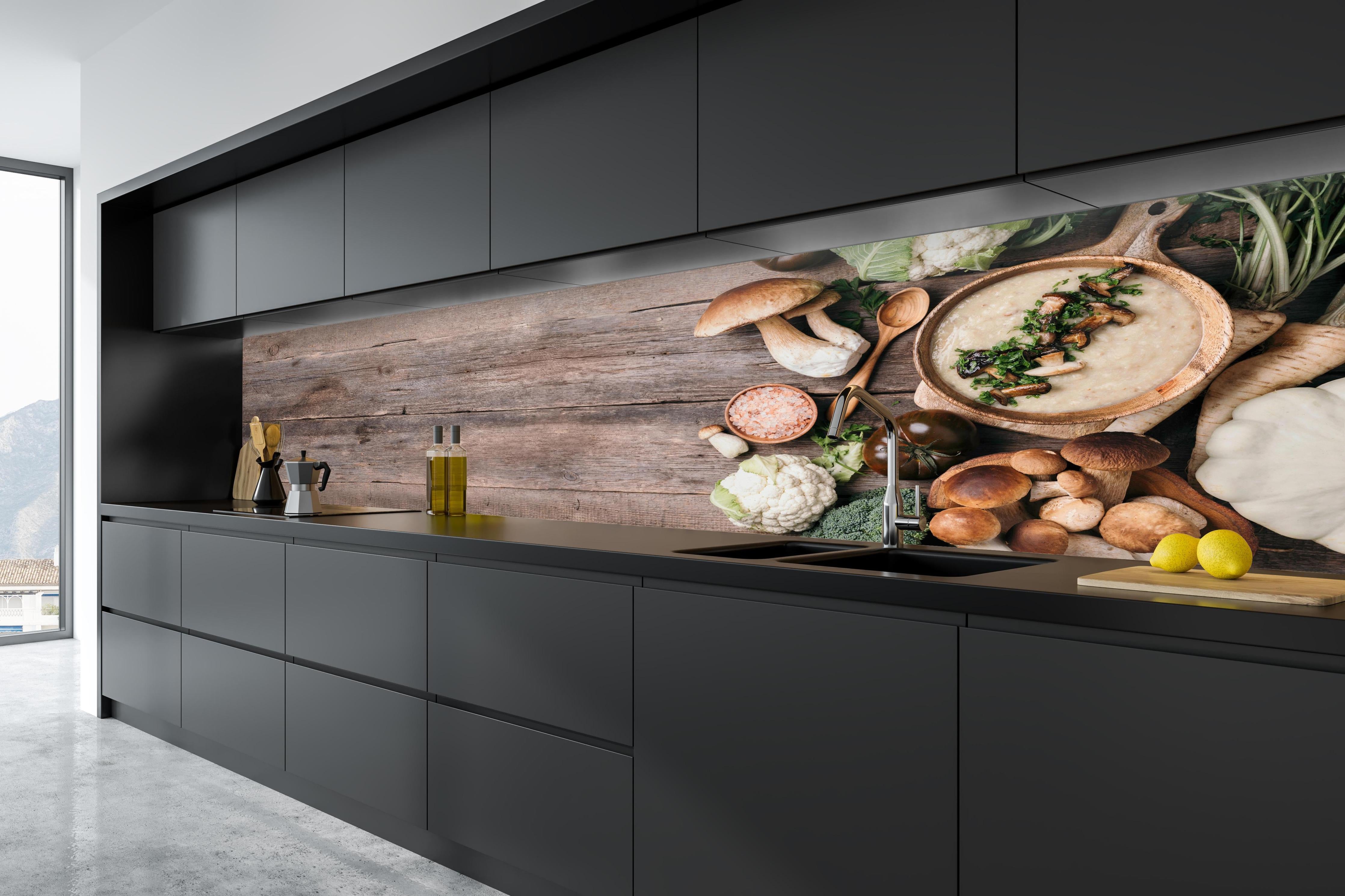 Küche - Rustikales Gemüse-Stillleben Braun-Grün in tiefschwarzer matt-premium Einbauküche