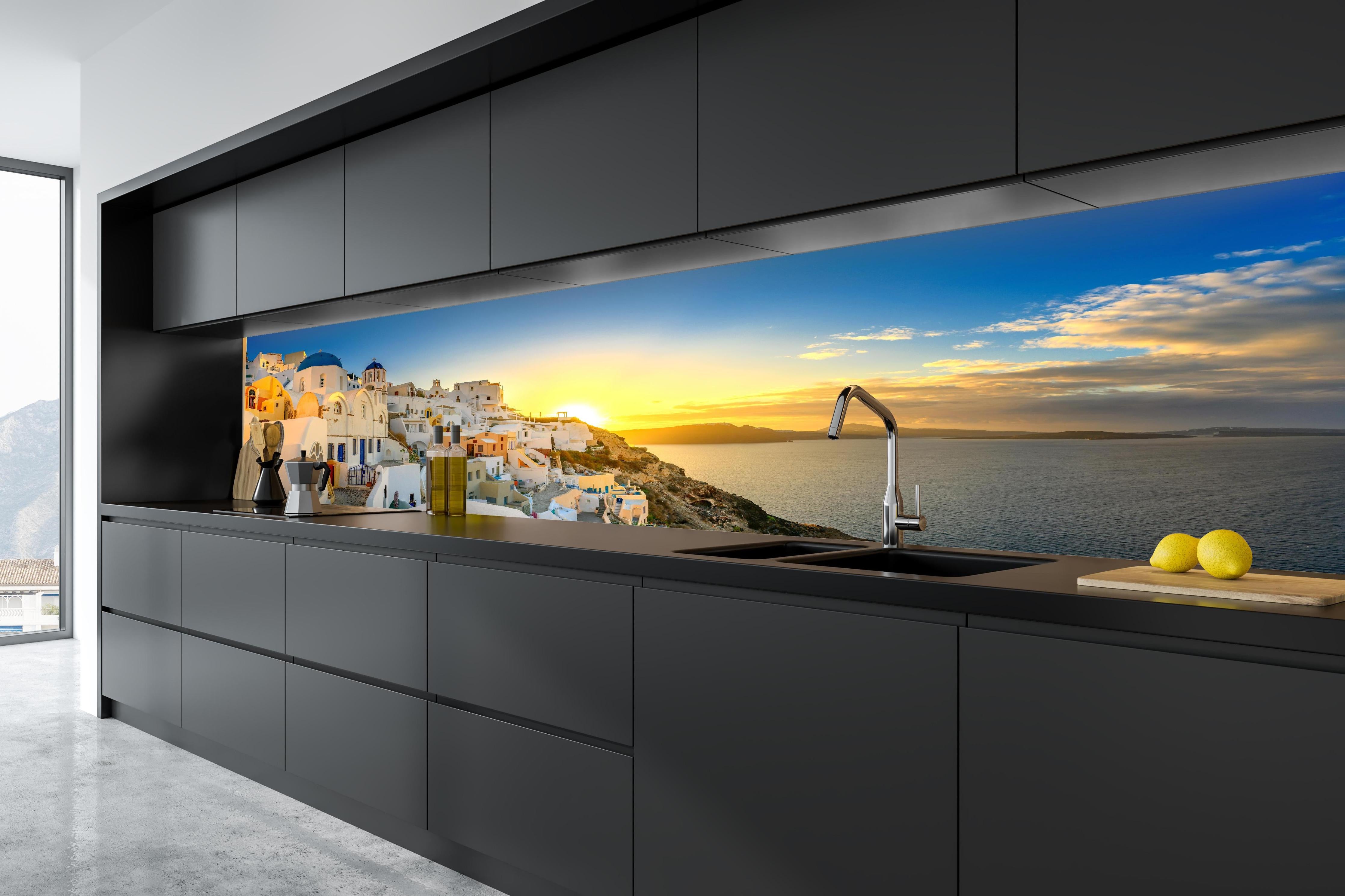 Küche - Santorini Sonnenuntergang Skyline in tiefschwarzer matt-premium Einbauküche