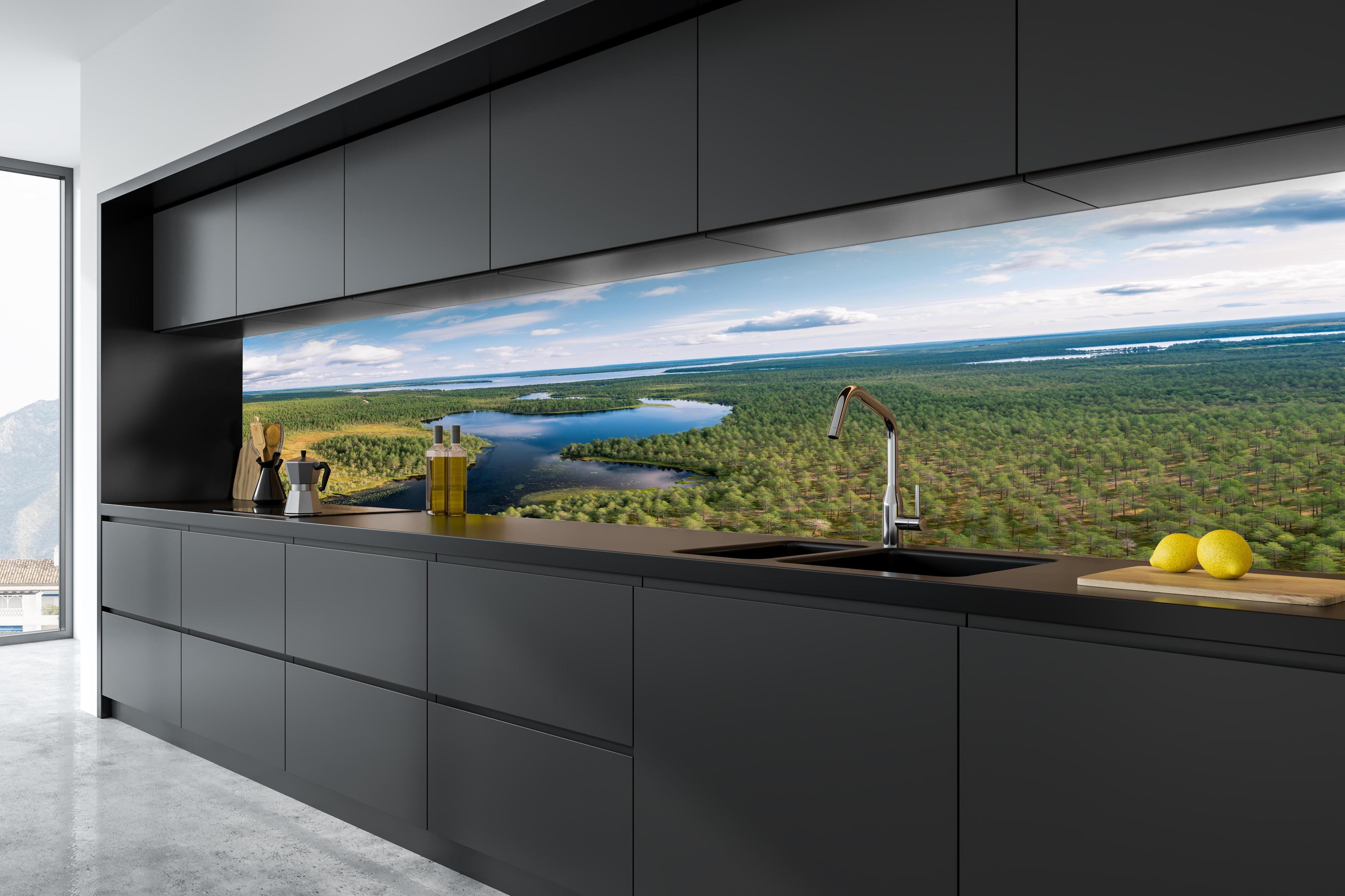 Küche - Schwedische Seenlandschaft Luftaufnahme in tiefschwarzer matt-premium Einbauküche