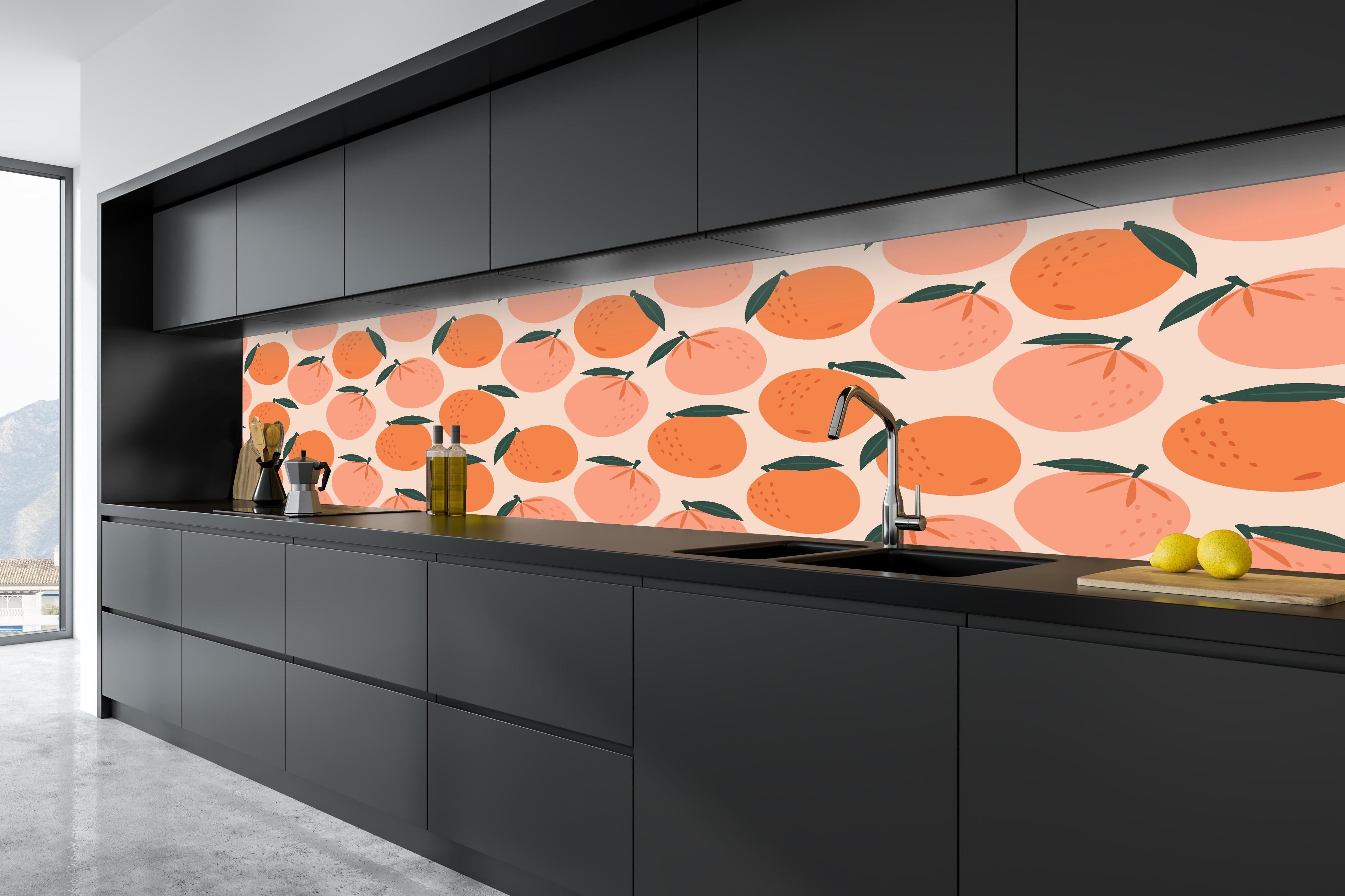 Küche - Sommerliches Orangenmuster in tiefschwarzer matt-premium Einbauküche