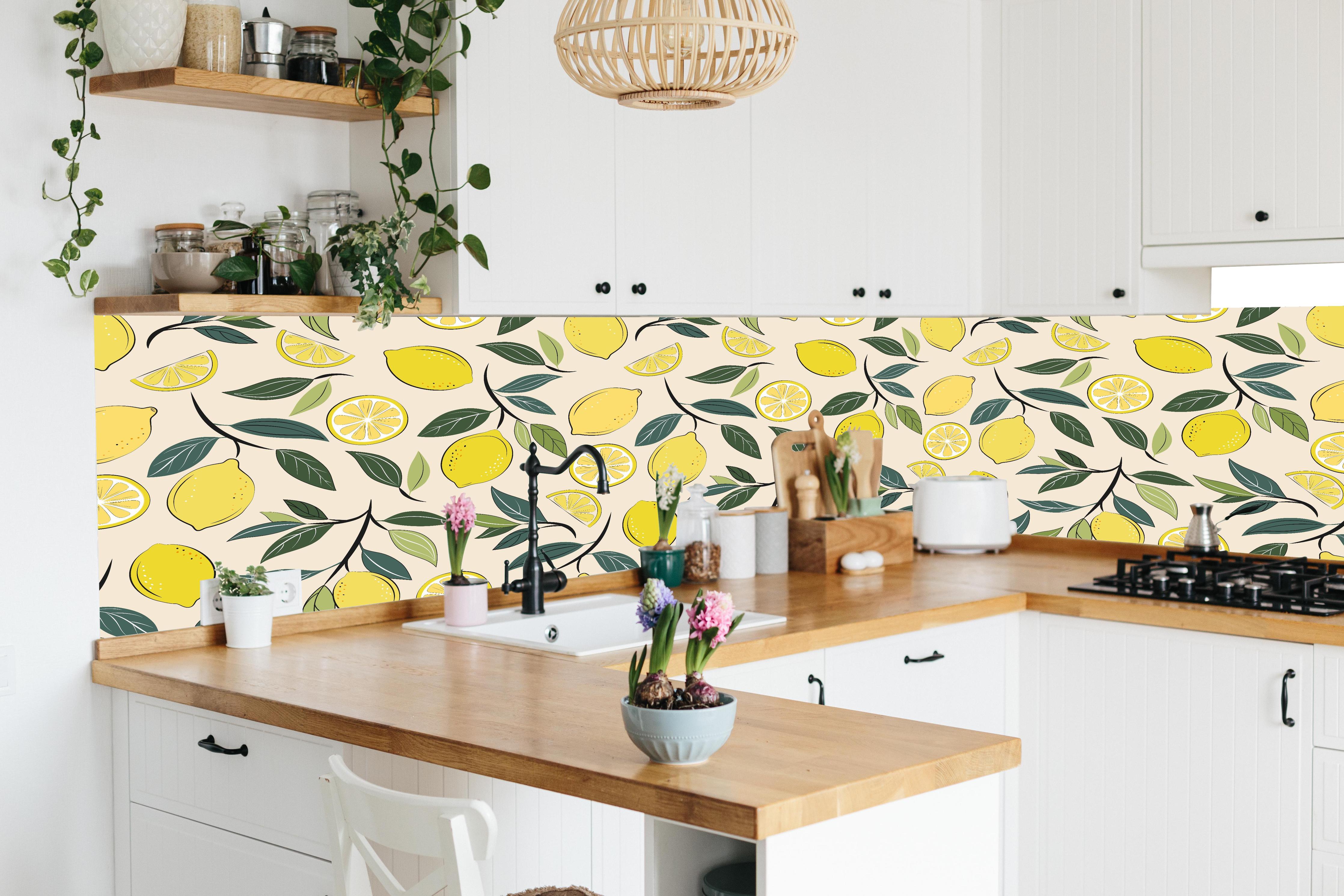 Küche - Sommerliches Zitronen-Design Gelb-Grün in lebendiger Küche mit bunten Blumen
