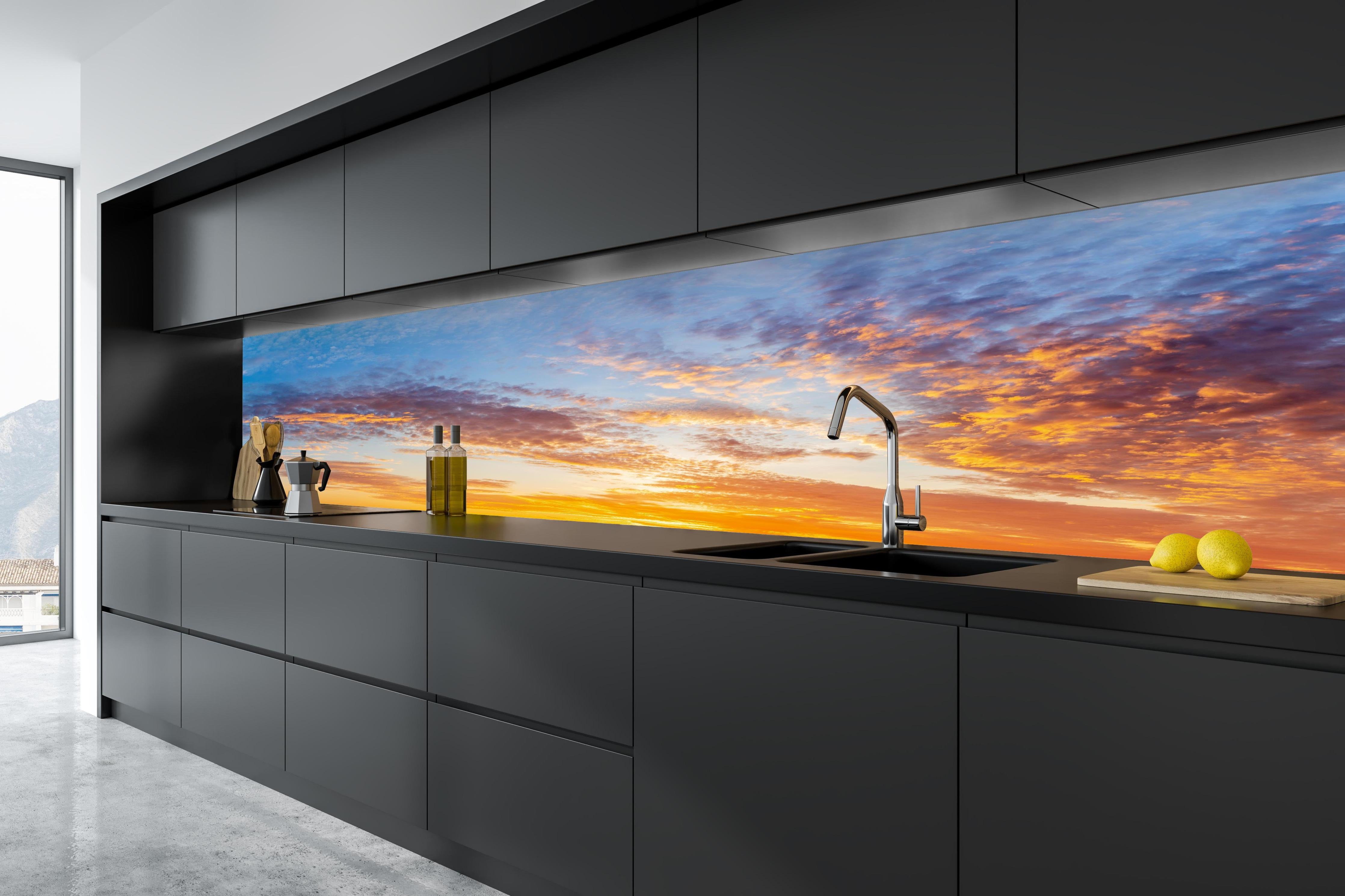 Küche - Sonnenuntergang Panorama Blau-Orange in tiefschwarzer matt-premium Einbauküche