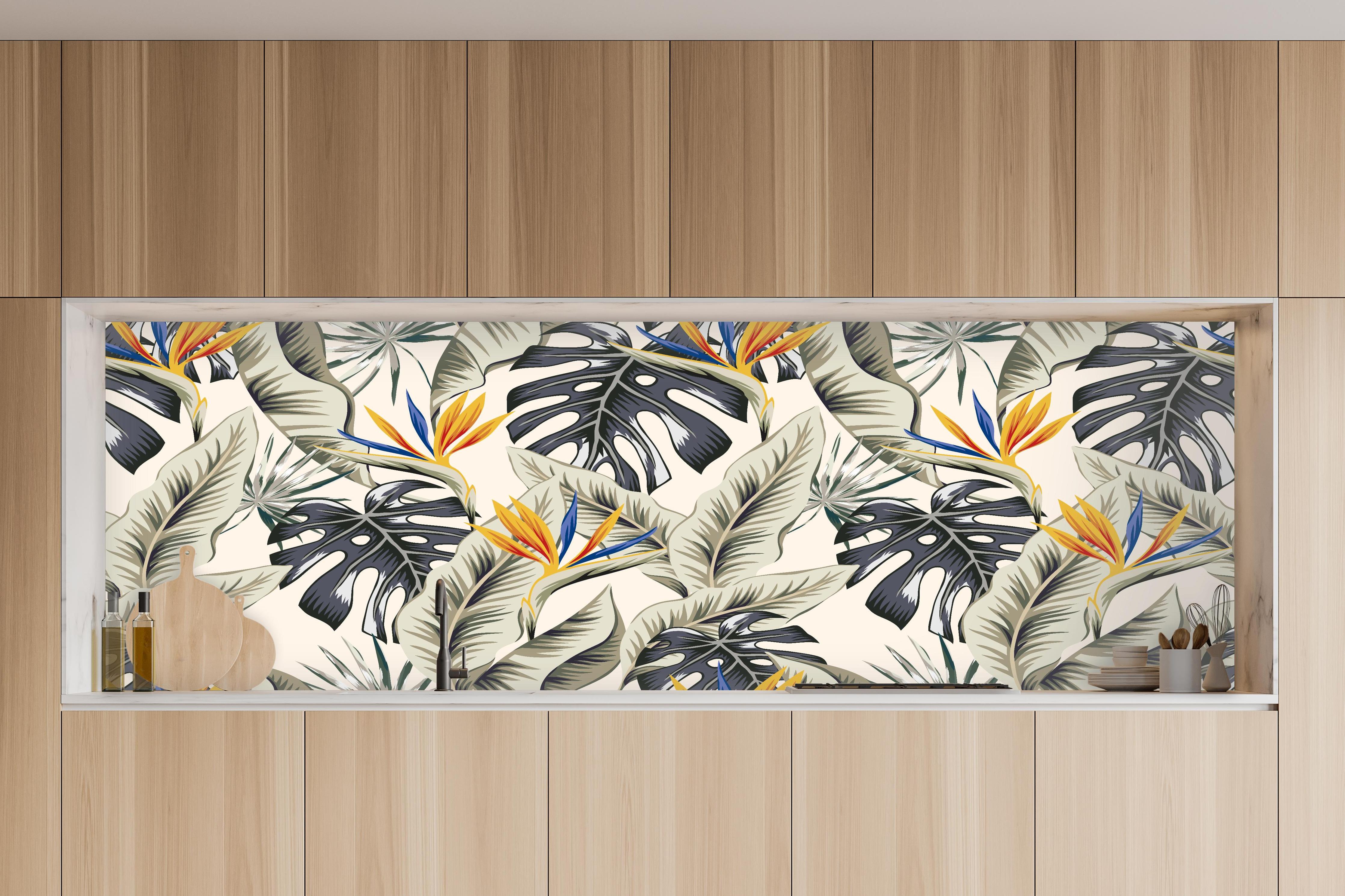 Küche - Strelitzia Tropenblätter Beige-Orange in charakteristischer Vollholz-Küche mit modernem Gasherd