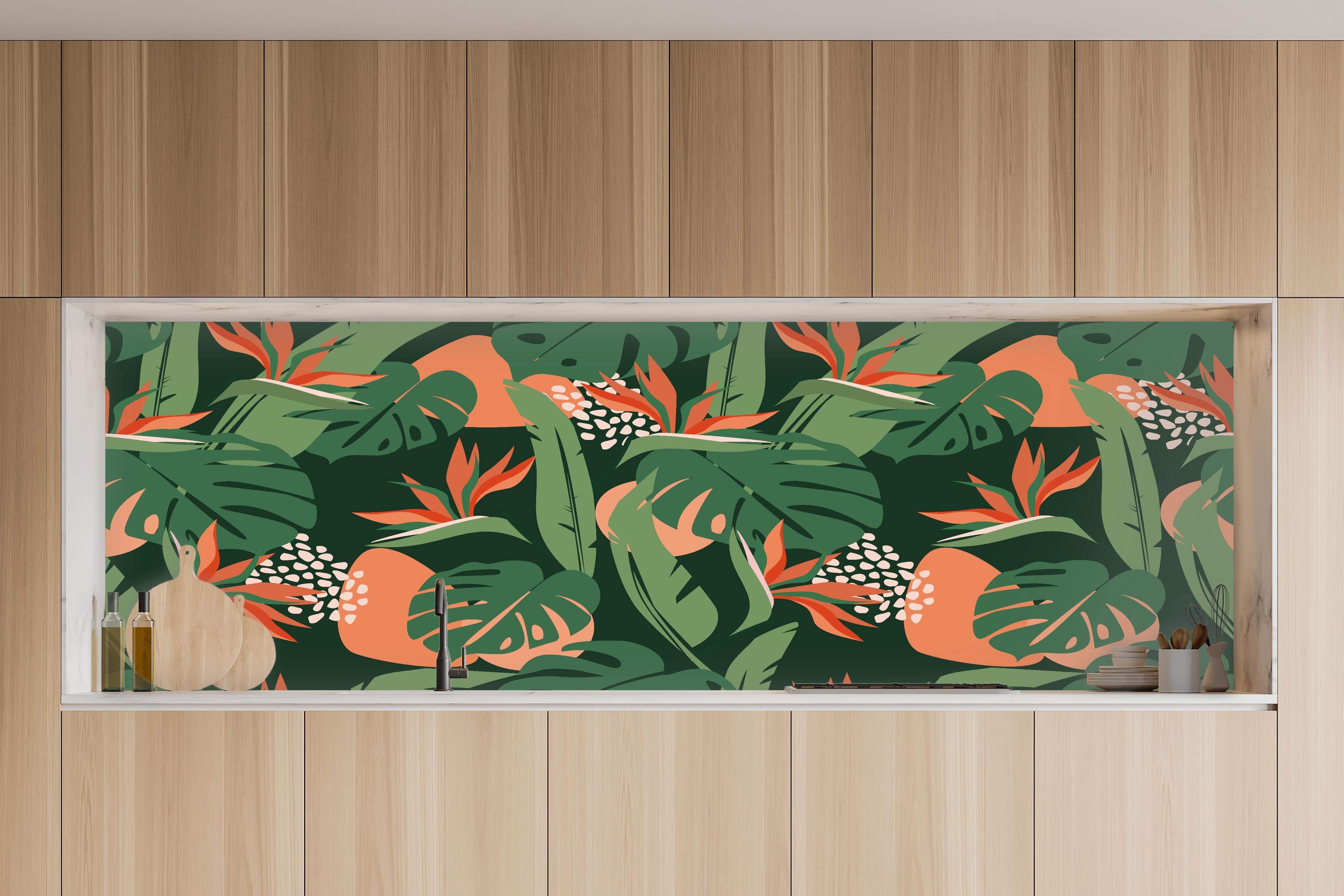 Küche - Strelitzia Tropenblatt Grün-Orange in charakteristischer Vollholz-Küche mit modernem Gasherd