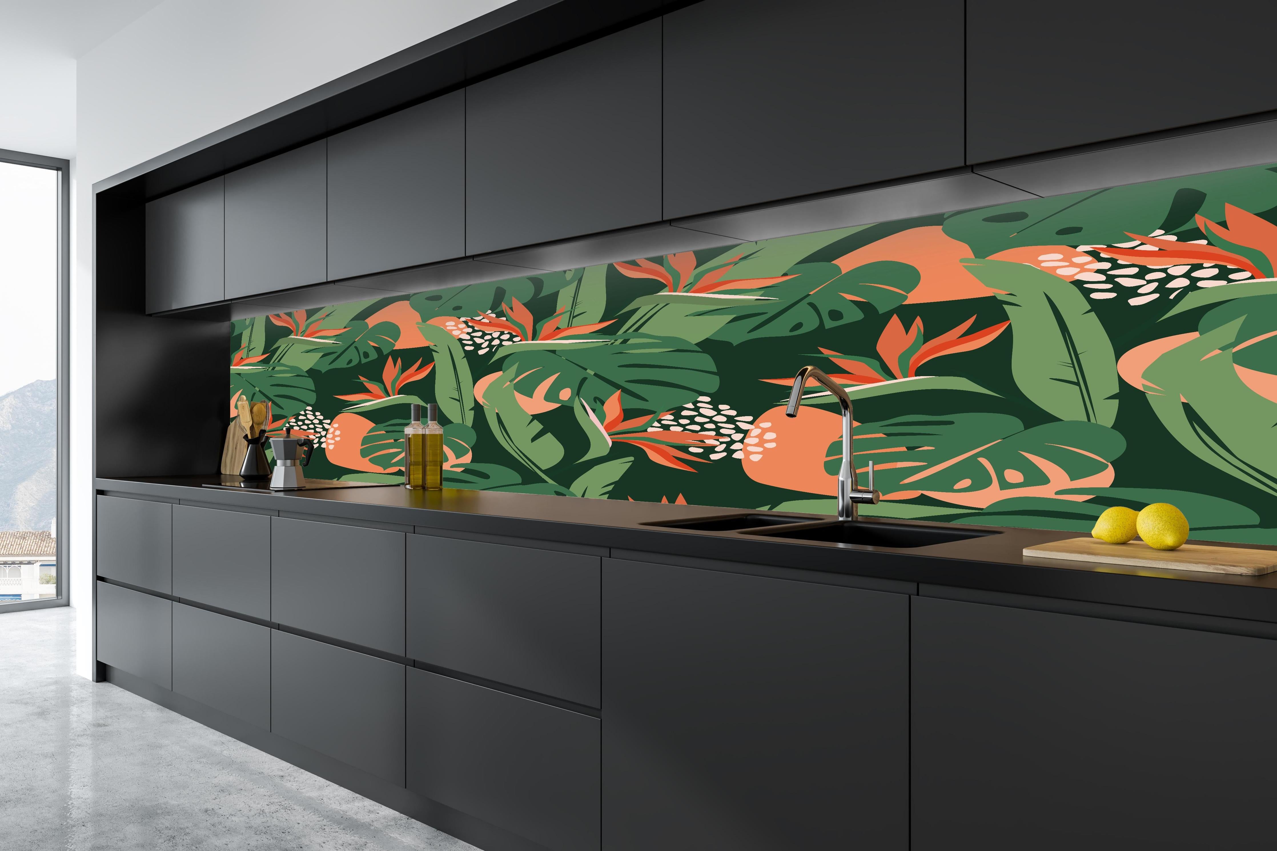 Küche - Strelitzia Tropenblatt Grün-Orange in tiefschwarzer matt-premium Einbauküche