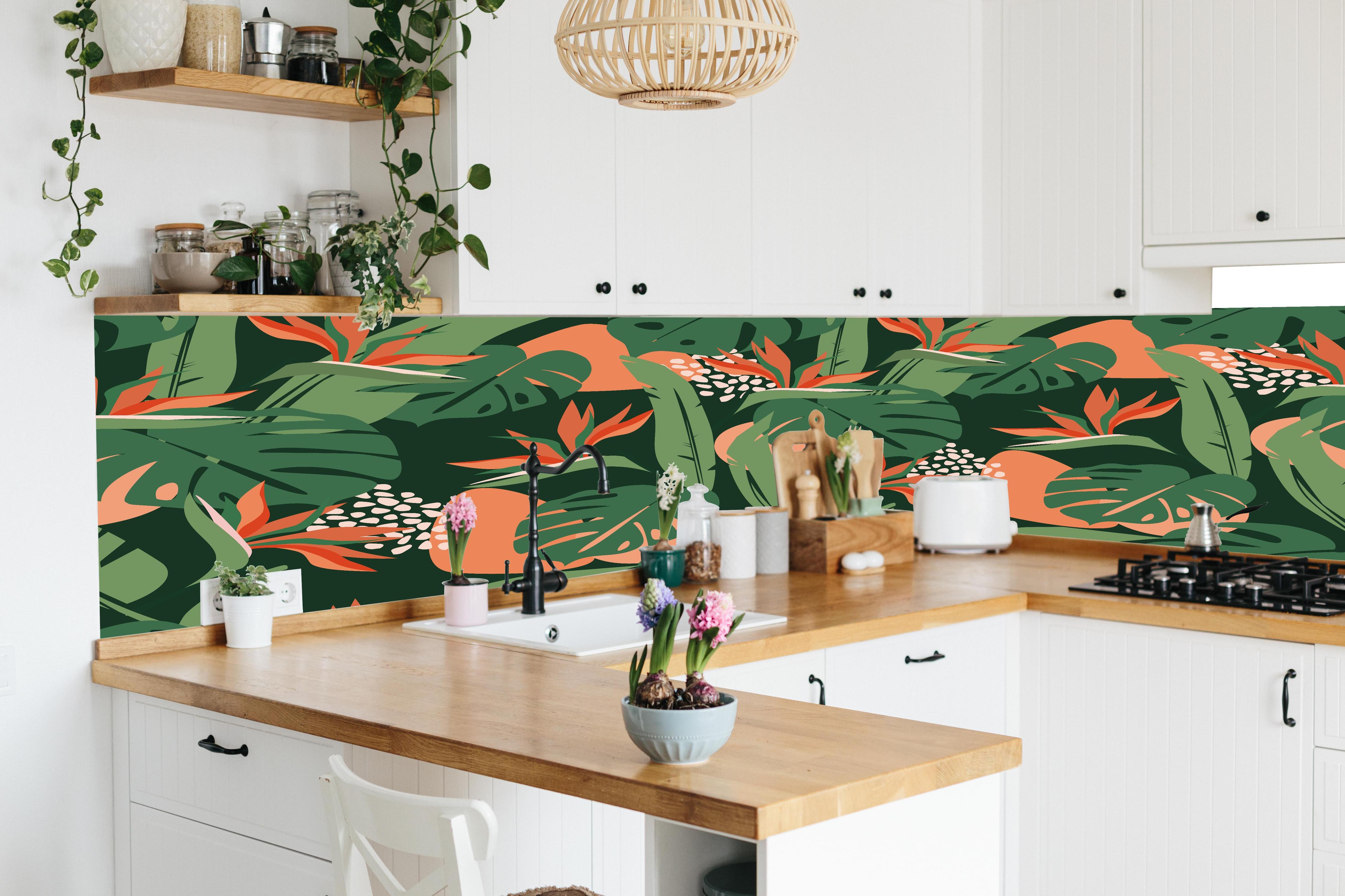 Küche - Strelitzia Tropenblatt Grün-Orange in lebendiger Küche mit bunten Blumen