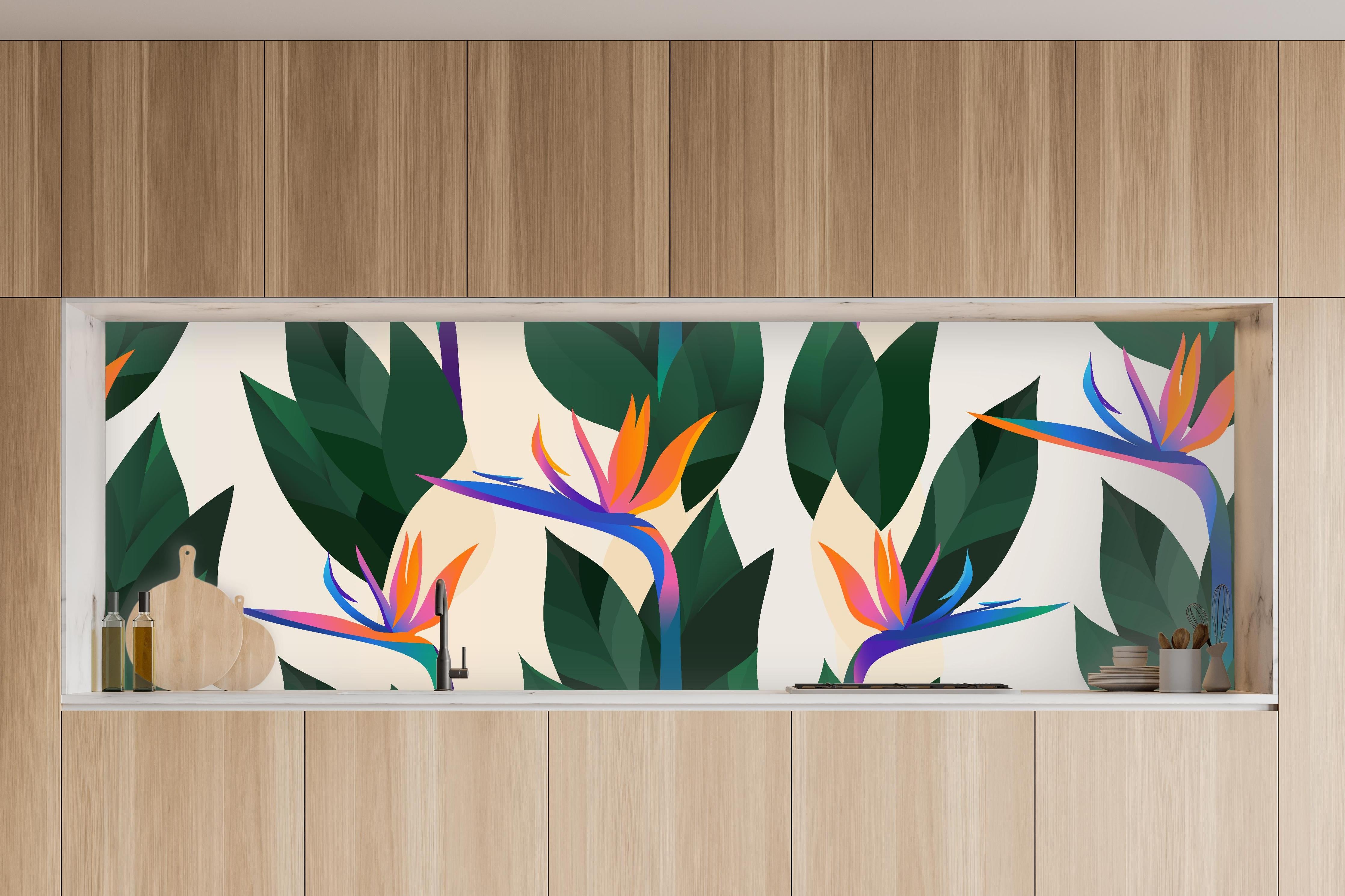 Küche - Strelitzia Tropic Blumenmuster in charakteristischer Vollholz-Küche mit modernem Gasherd