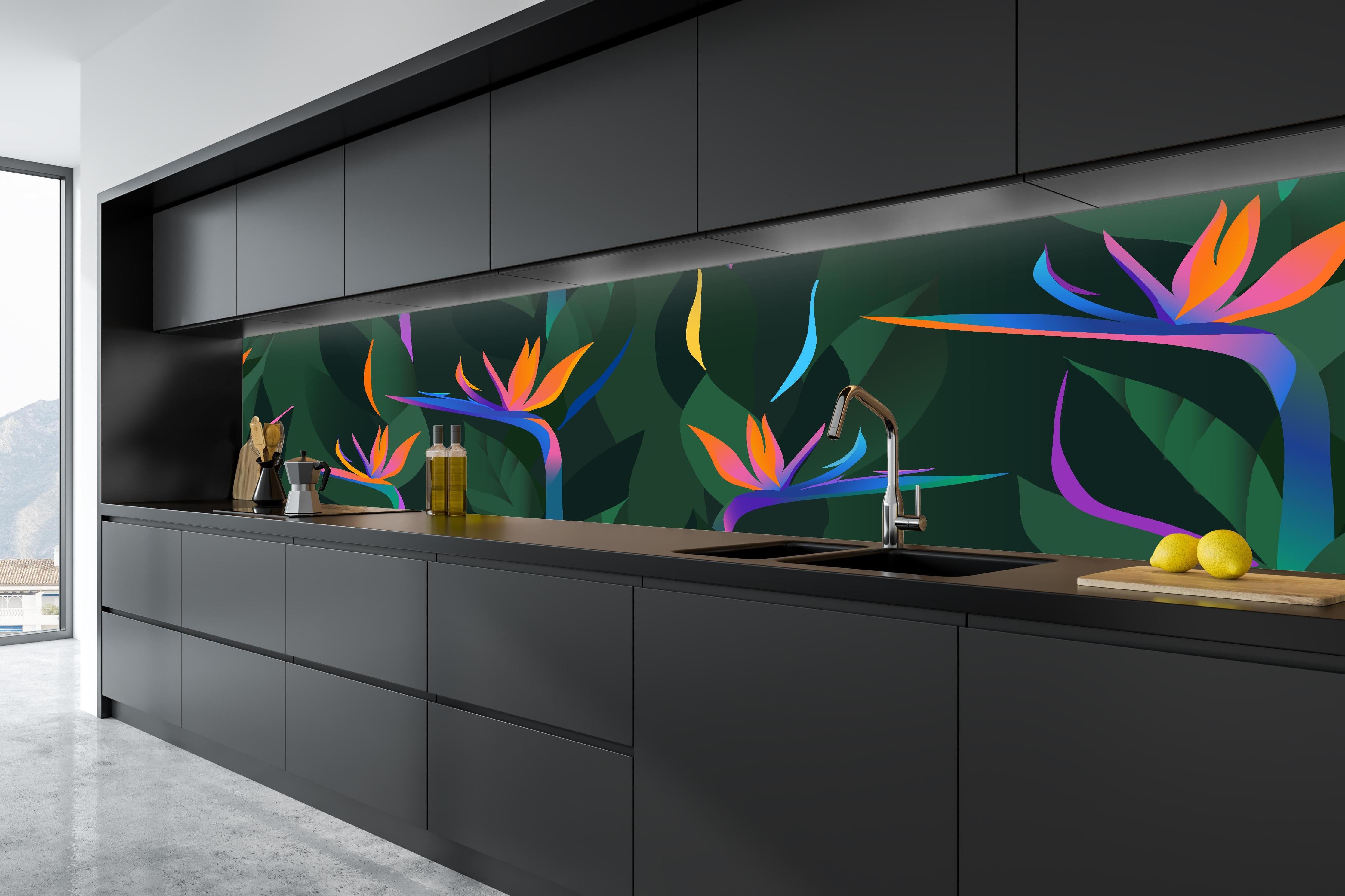 Küche - Strelitzia Tropic Grün-Orange in tiefschwarzer matt-premium Einbauküche