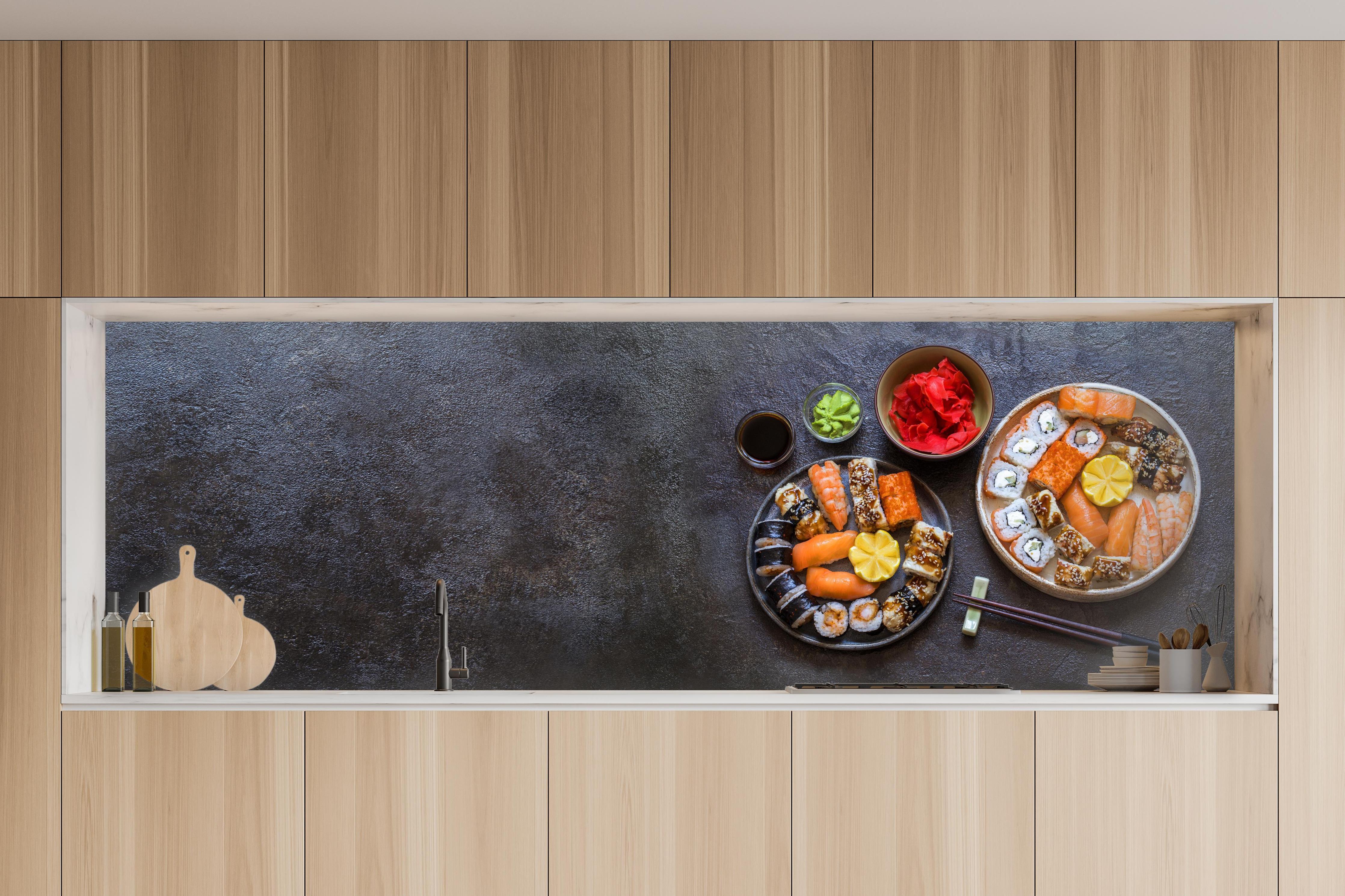Küche - Sushi-Bowl mit Lachs in charakteristischer Vollholz-Küche mit modernem Gasherd