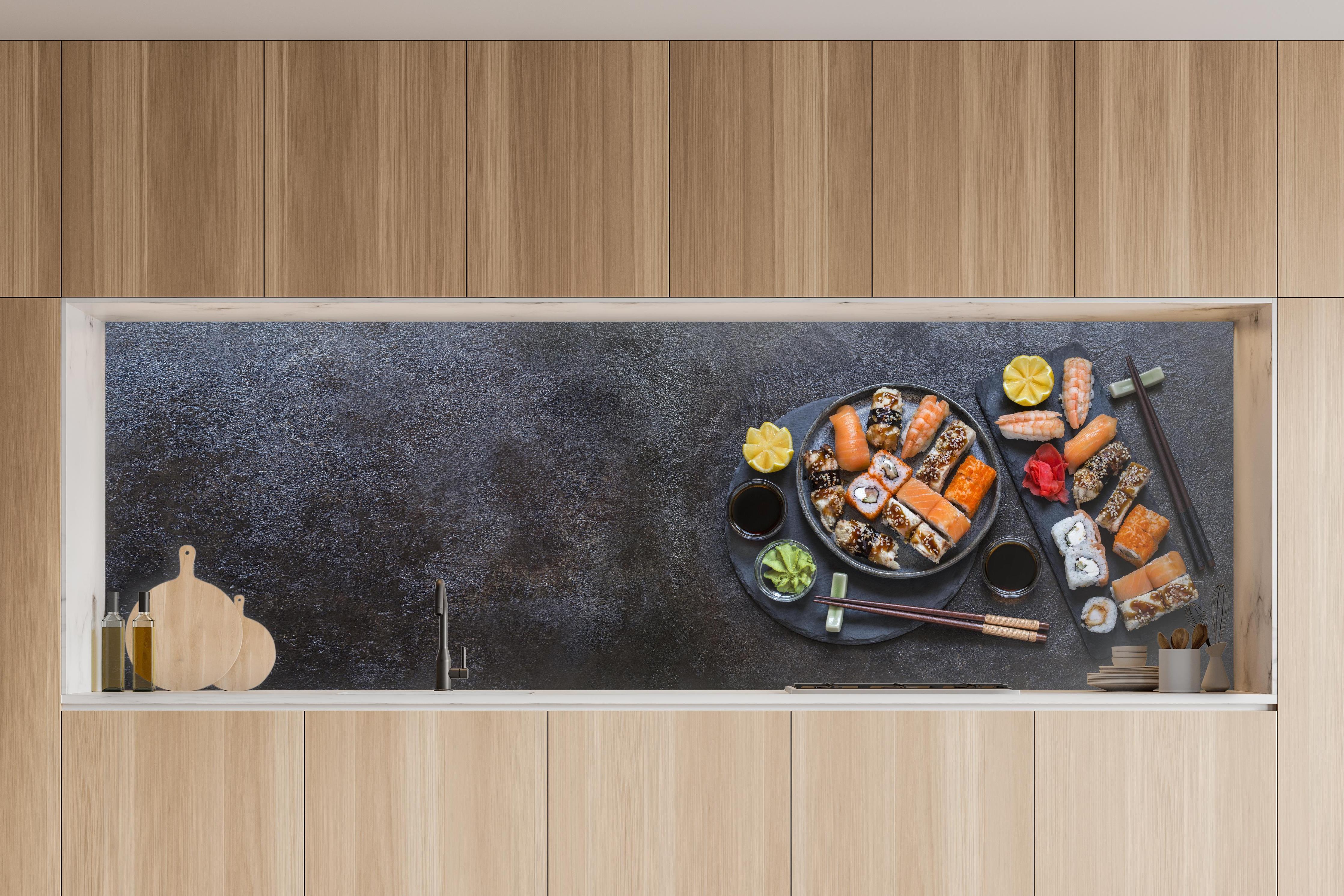 Küche - Sushi-Platte Schwarz-Orange in charakteristischer Vollholz-Küche mit modernem Gasherd