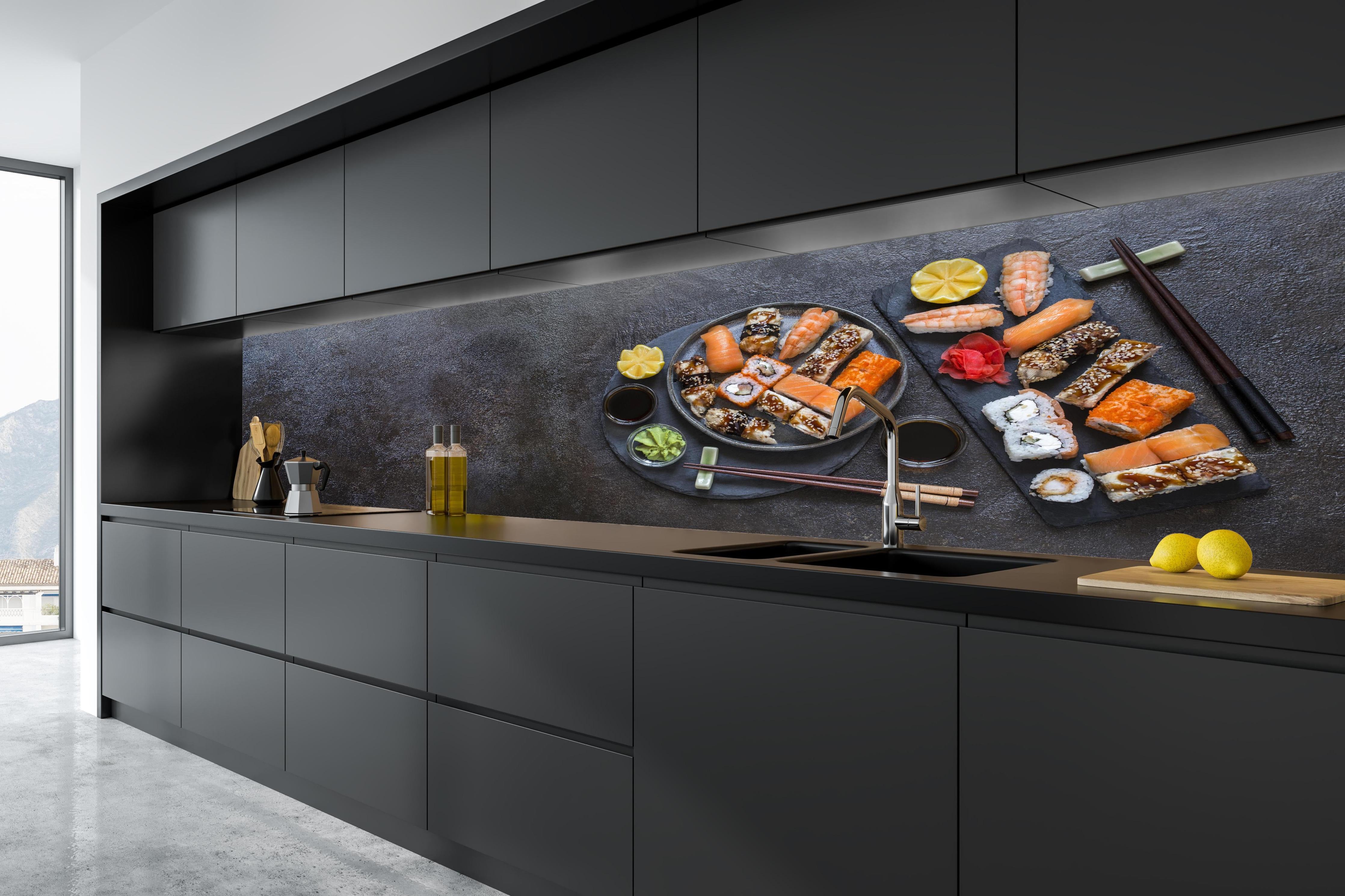 Küche - Sushi-Platte Schwarz-Orange in tiefschwarzer matt-premium Einbauküche
