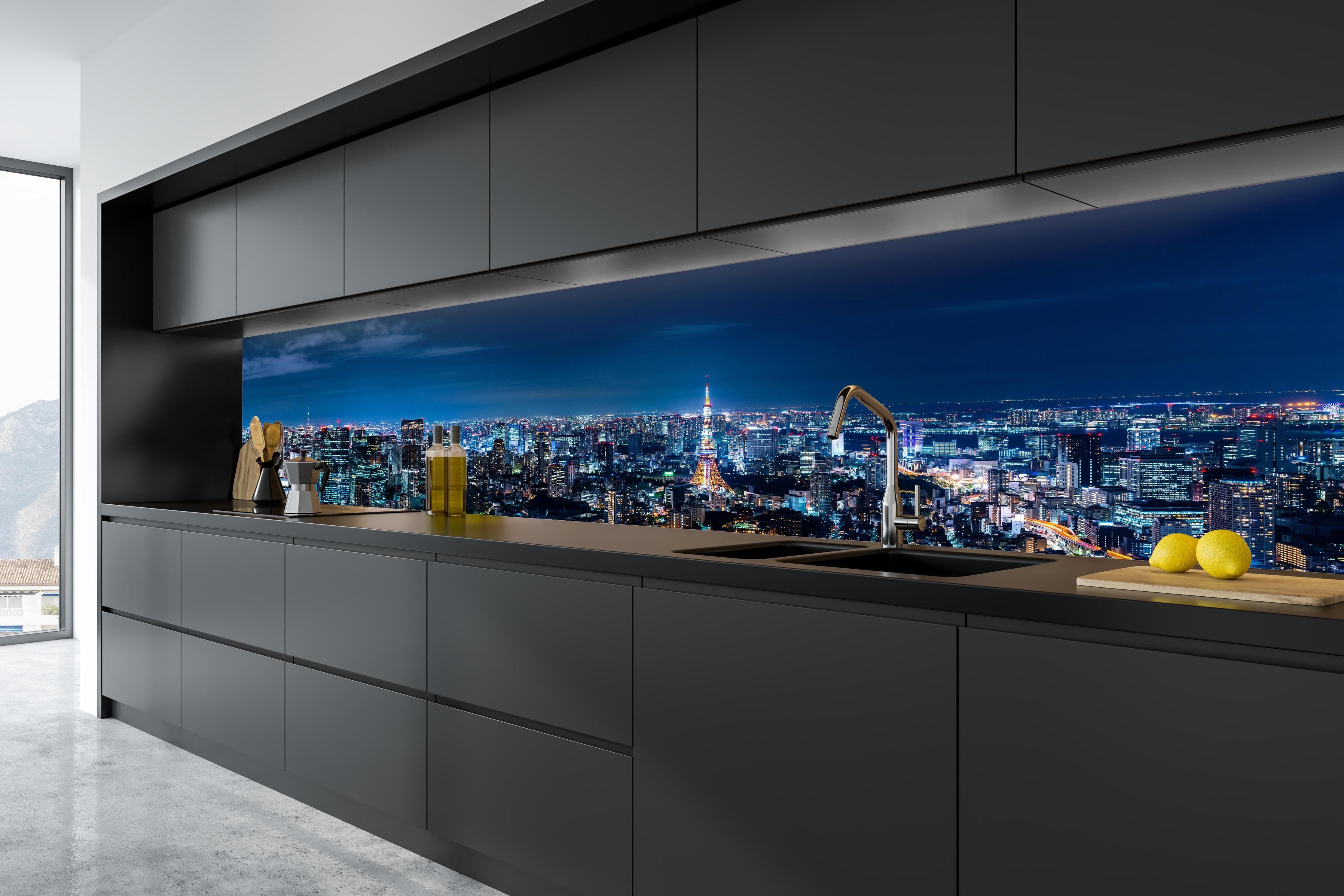 Küche - Tokio Skyline bei Nacht in tiefschwarzer matt-premium Einbauküche