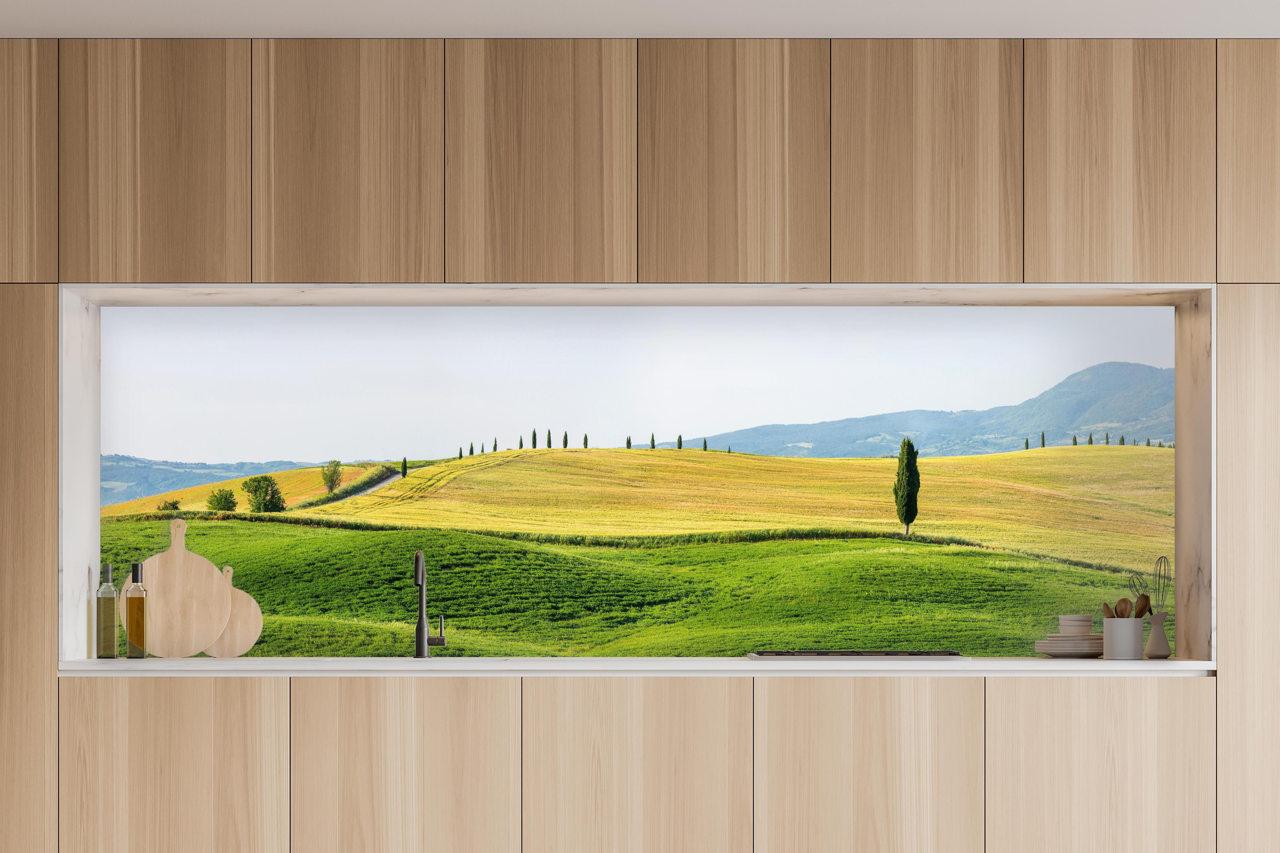 Küche - Toskana Hügel Panorama Grün-Gelb in charakteristischer Vollholz-Küche mit modernem Gasherd