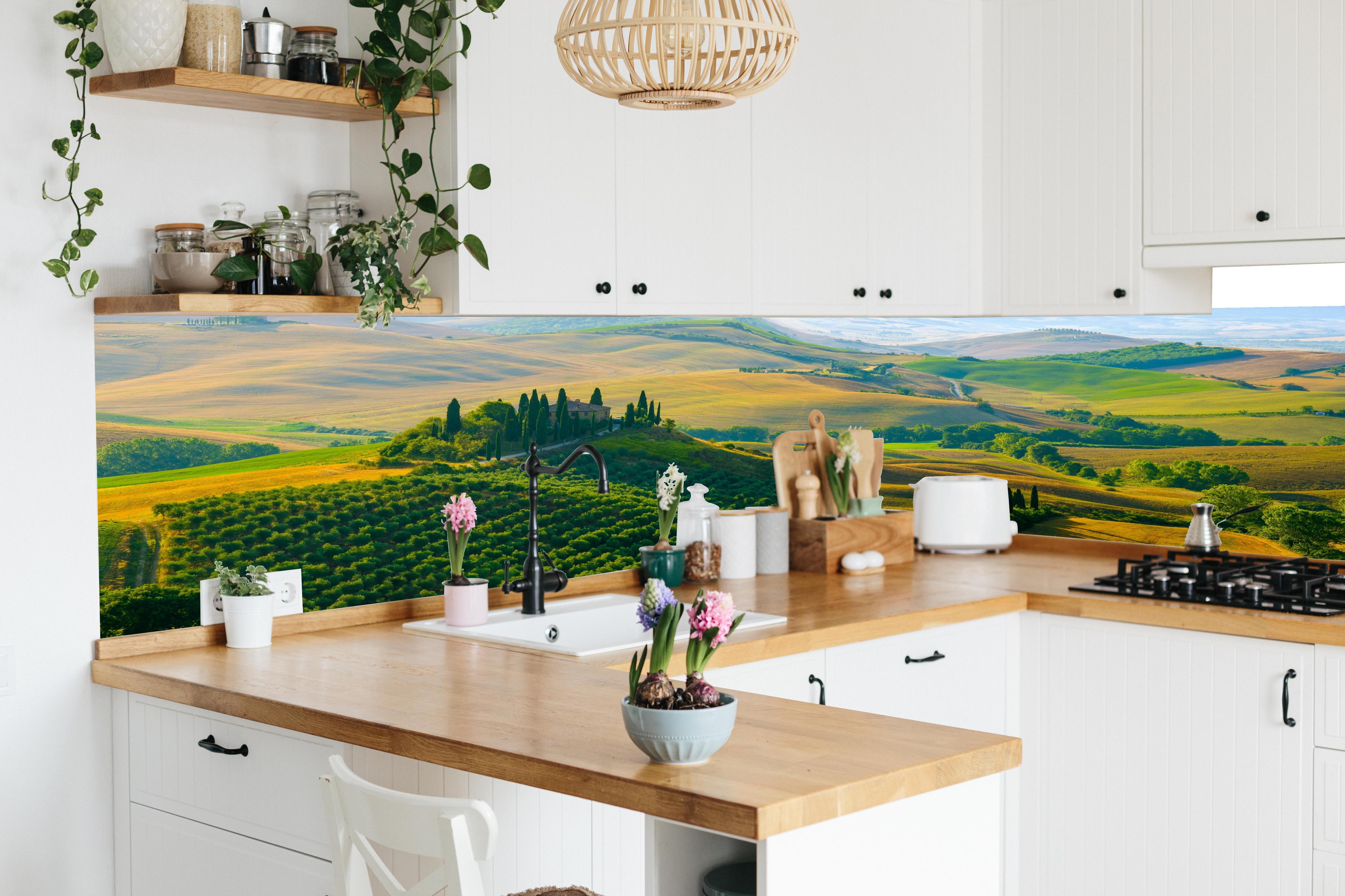 Küche - Toskana Hügel in Grün in lebendiger Küche mit bunten Blumen