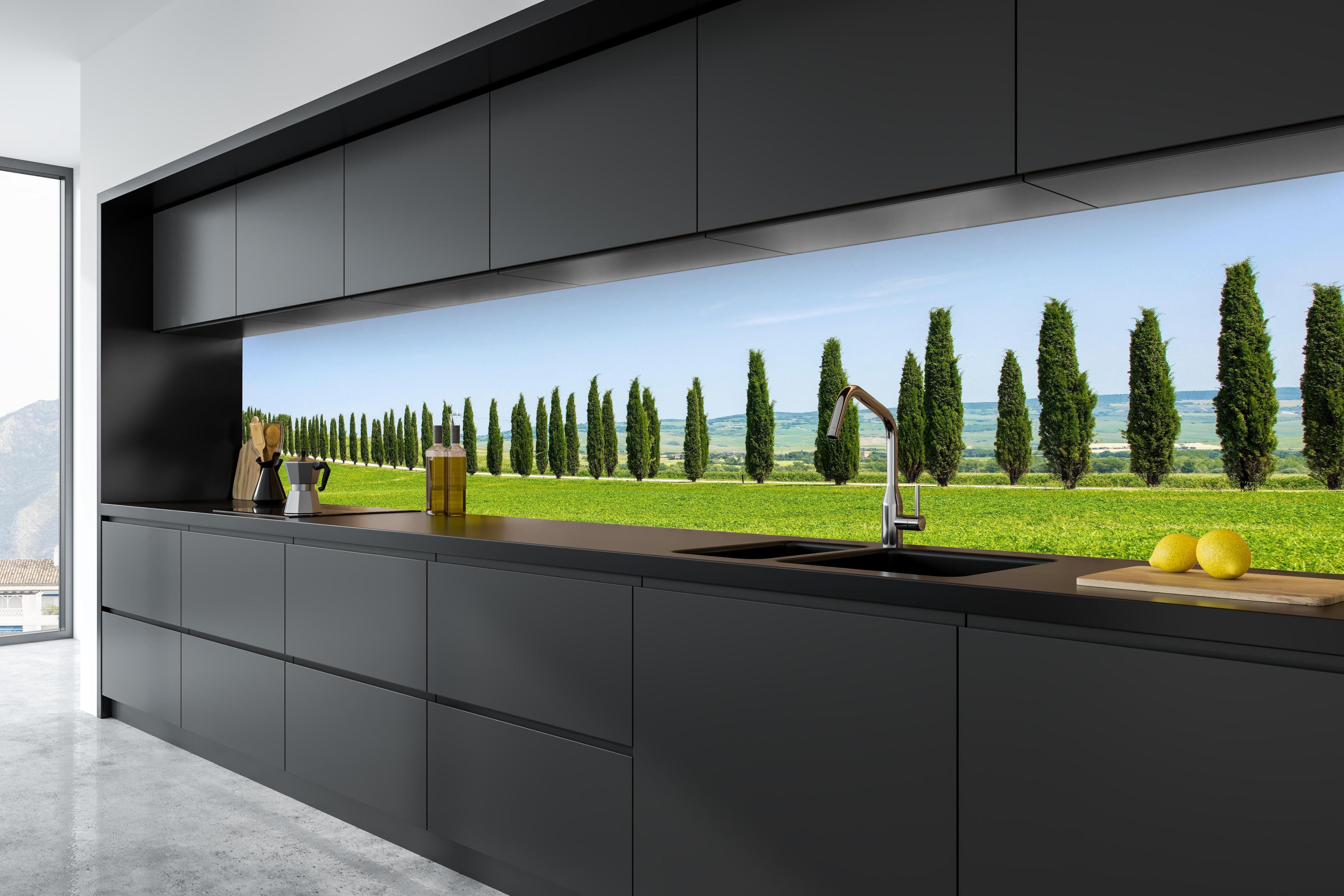 Küche - Toskanische Zypressenallee in tiefschwarzer matt-premium Einbauküche
