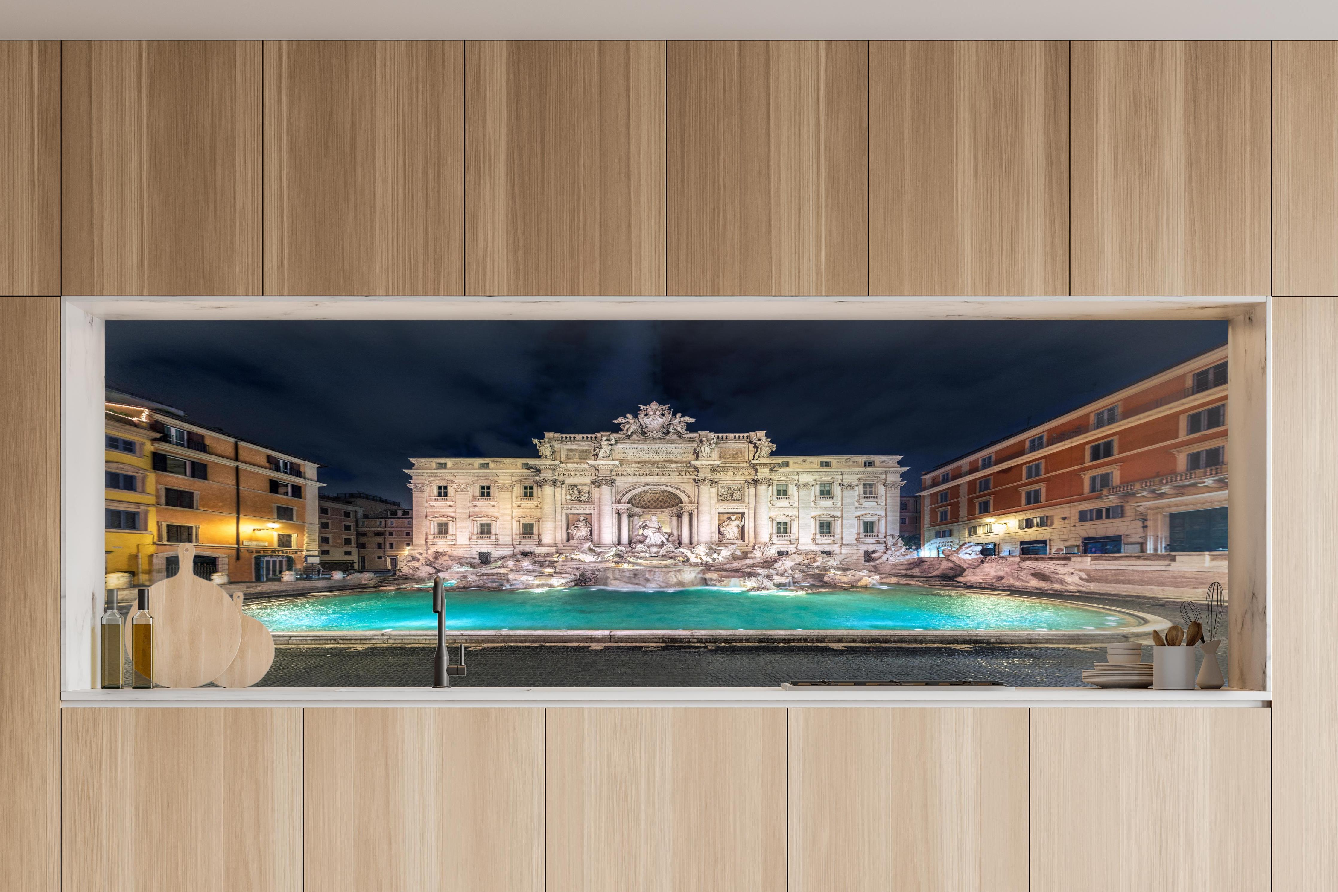 Küche - Trevi-Brunnen Nacht Türkis-Beige in charakteristischer Vollholz-Küche mit modernem Gasherd