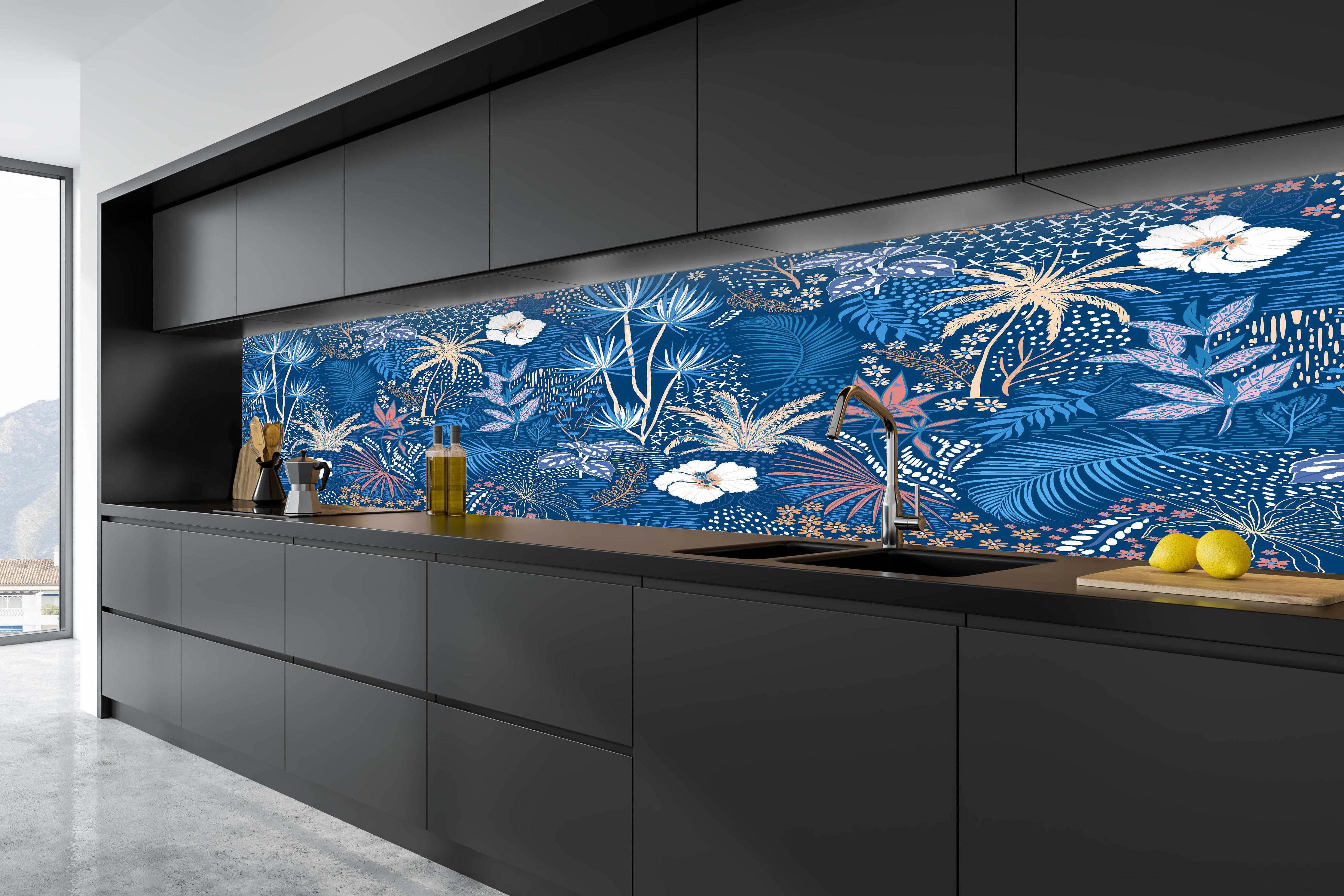 Küche - Tropische Azurblätter in tiefschwarzer matt-premium Einbauküche