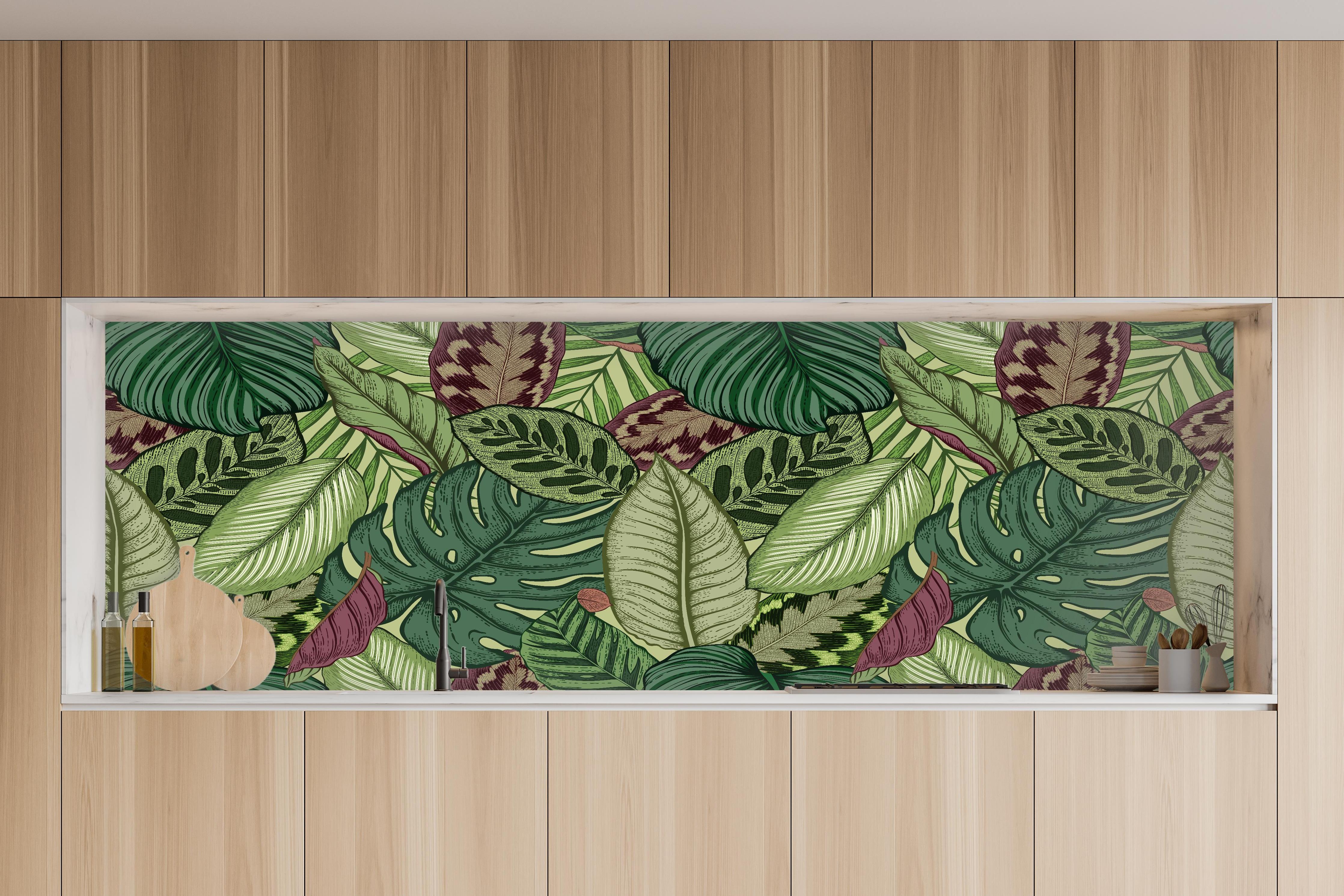 Küche - Tropische Blätter Grün-Beige in charakteristischer Vollholz-Küche mit modernem Gasherd