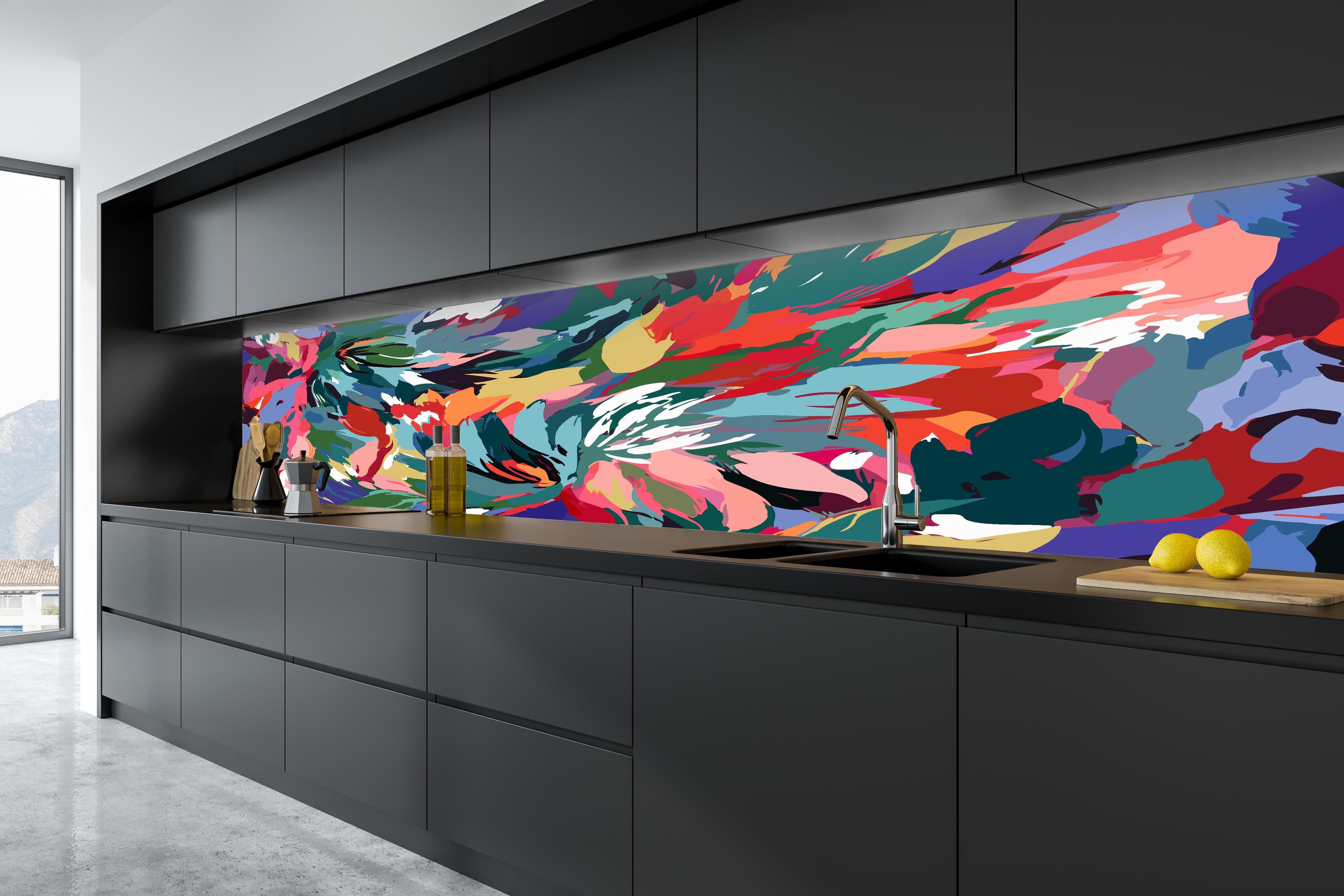 Küche - Tropische Blüten-Explosion Türkis-Rot in tiefschwarzer matt-premium Einbauküche