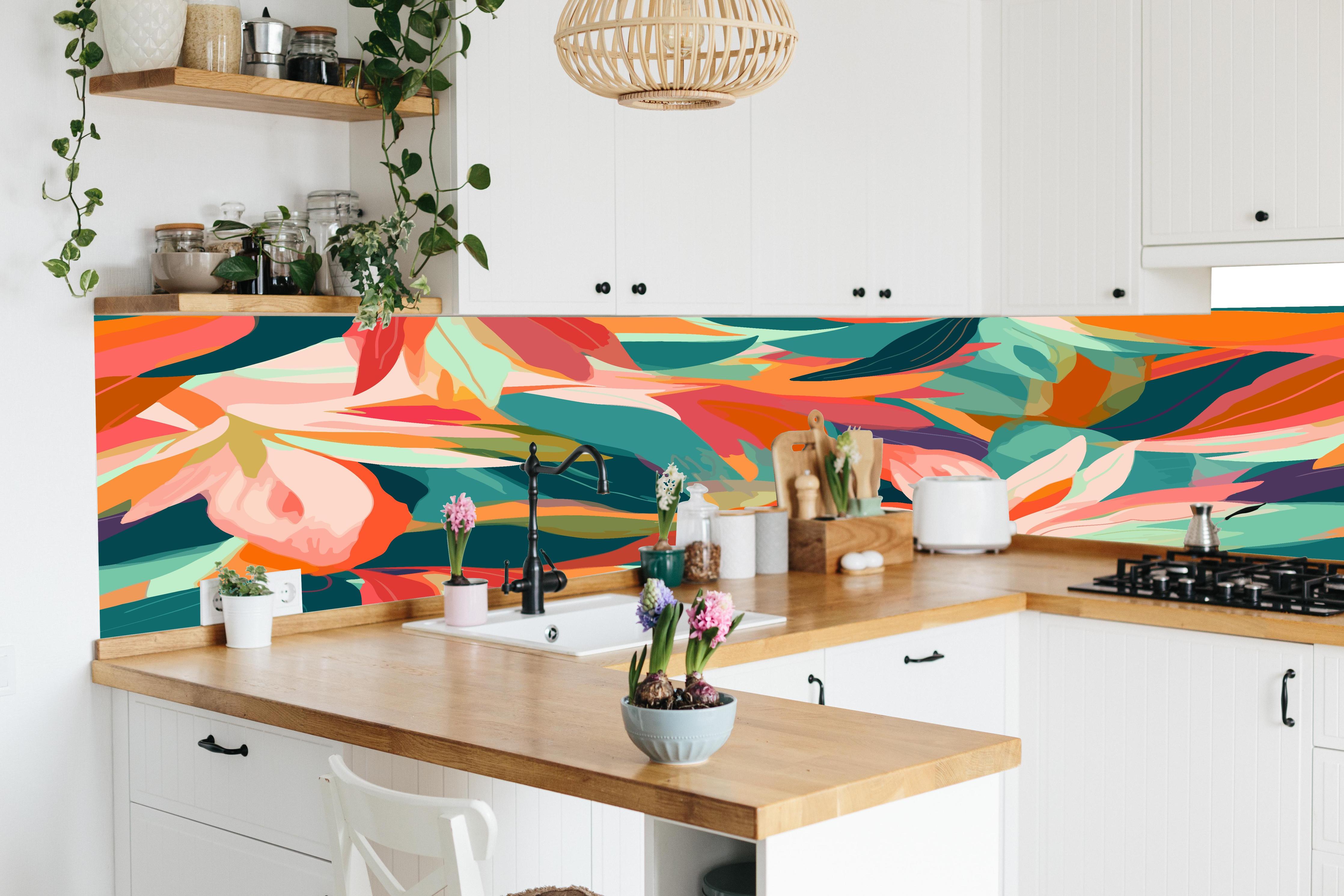 Küche - Tropische Blüten Türkis Koralle in lebendiger Küche mit bunten Blumen