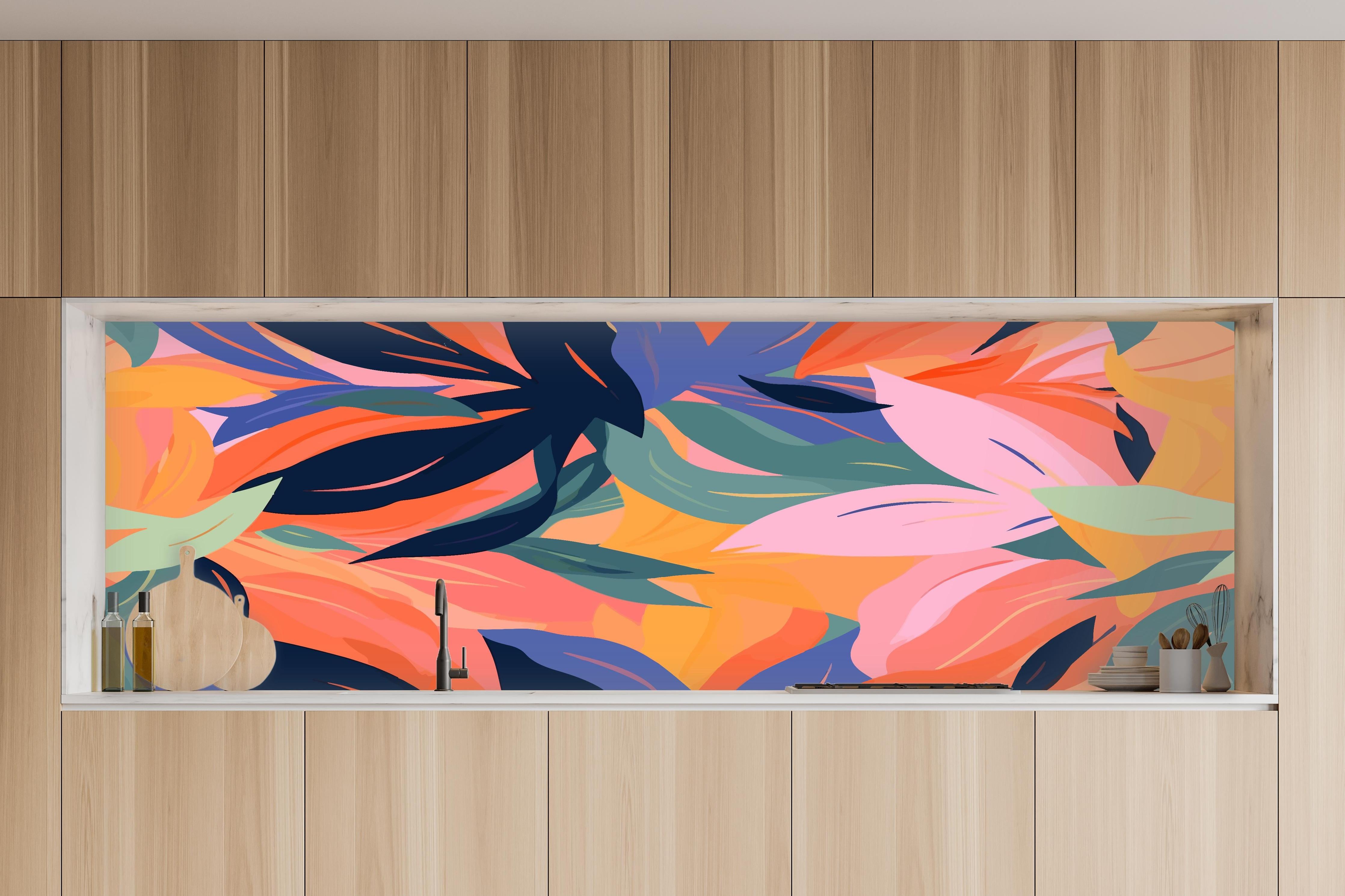 Küche - Tropische Blütenblätter Bunt in charakteristischer Vollholz-Küche mit modernem Gasherd