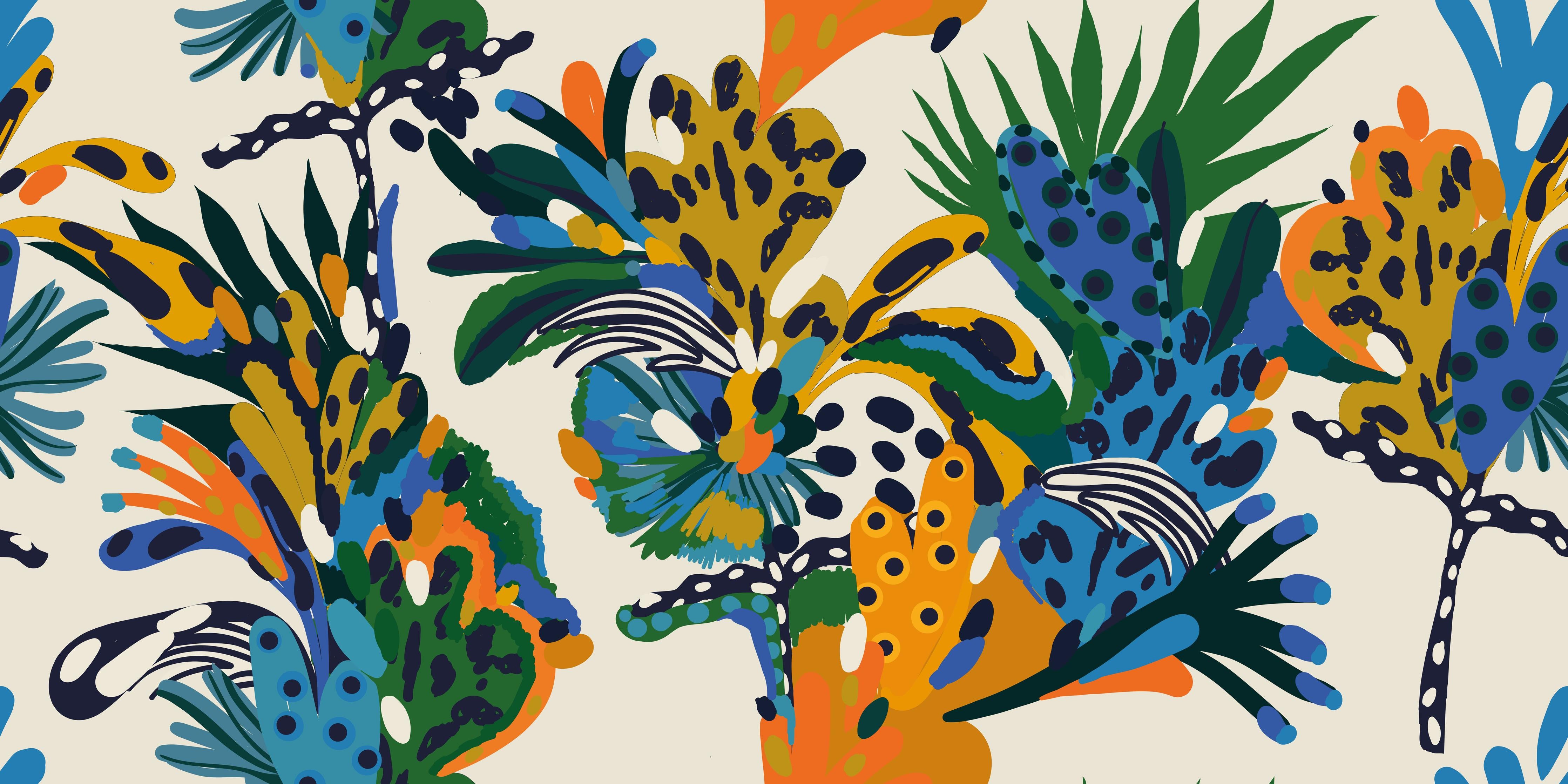 Küchenrückwand-Tropische Blumen Blau Grün Orange