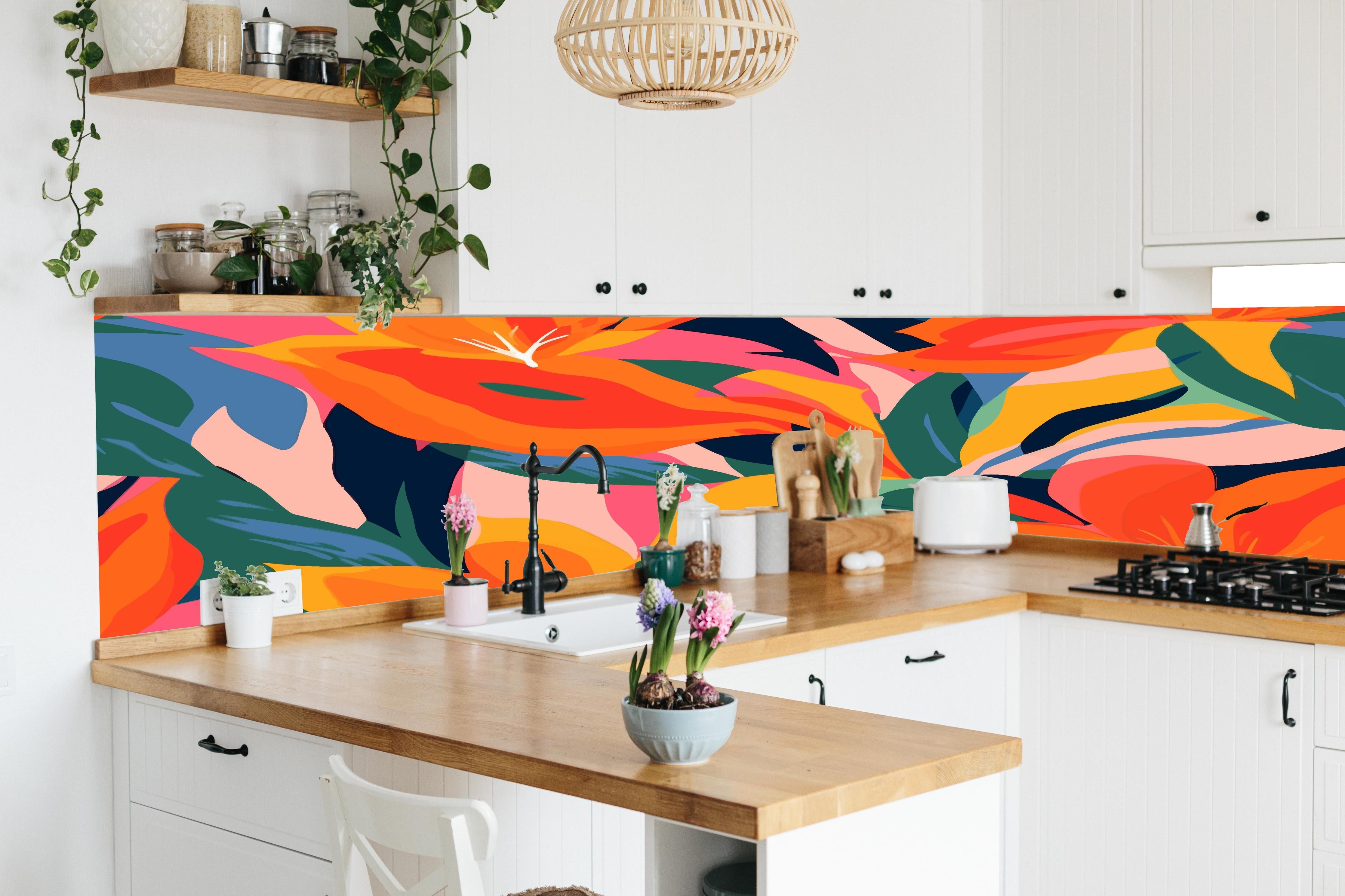 Küche - Tropische Bunte Blumenillustration in lebendiger Küche mit bunten Blumen