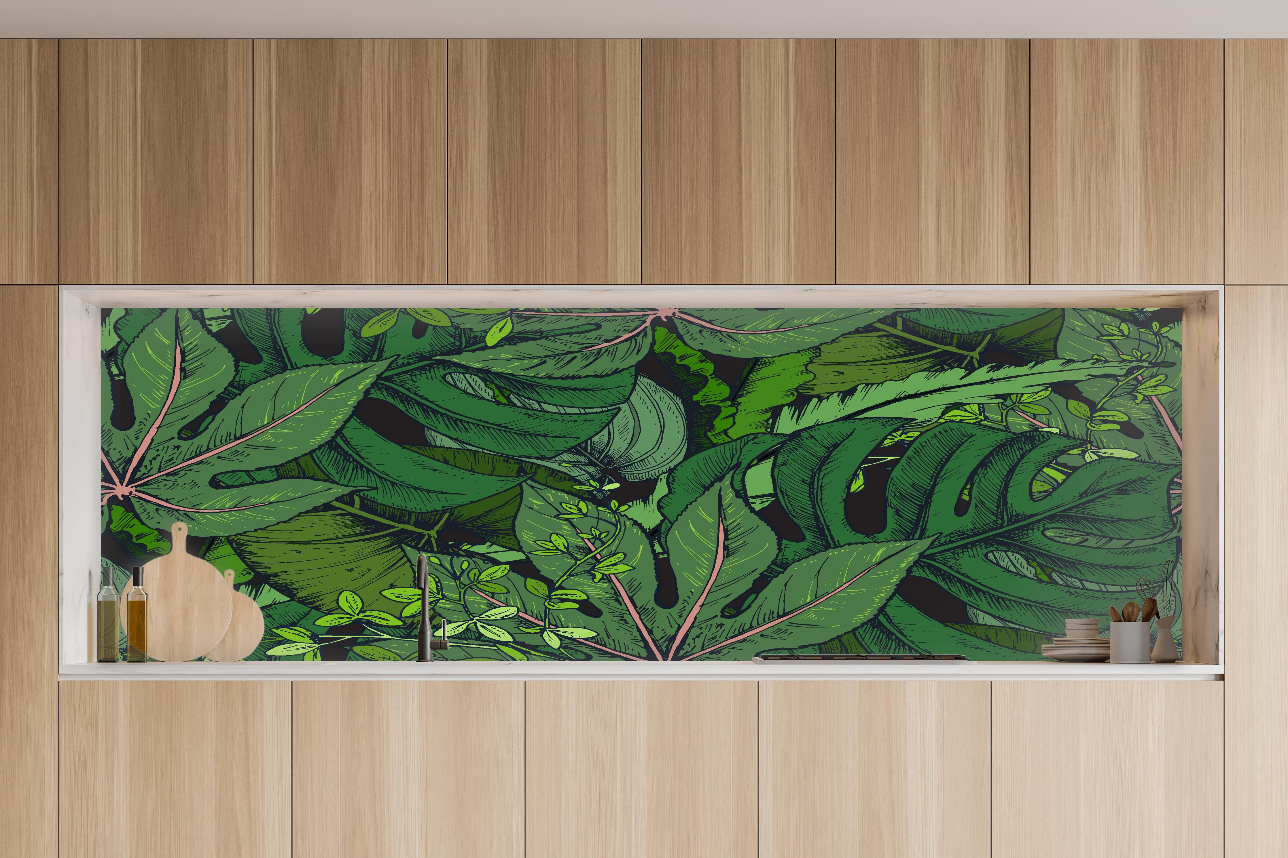 Küche - Tropische Monstera-Blätter Grün in charakteristischer Vollholz-Küche mit modernem Gasherd