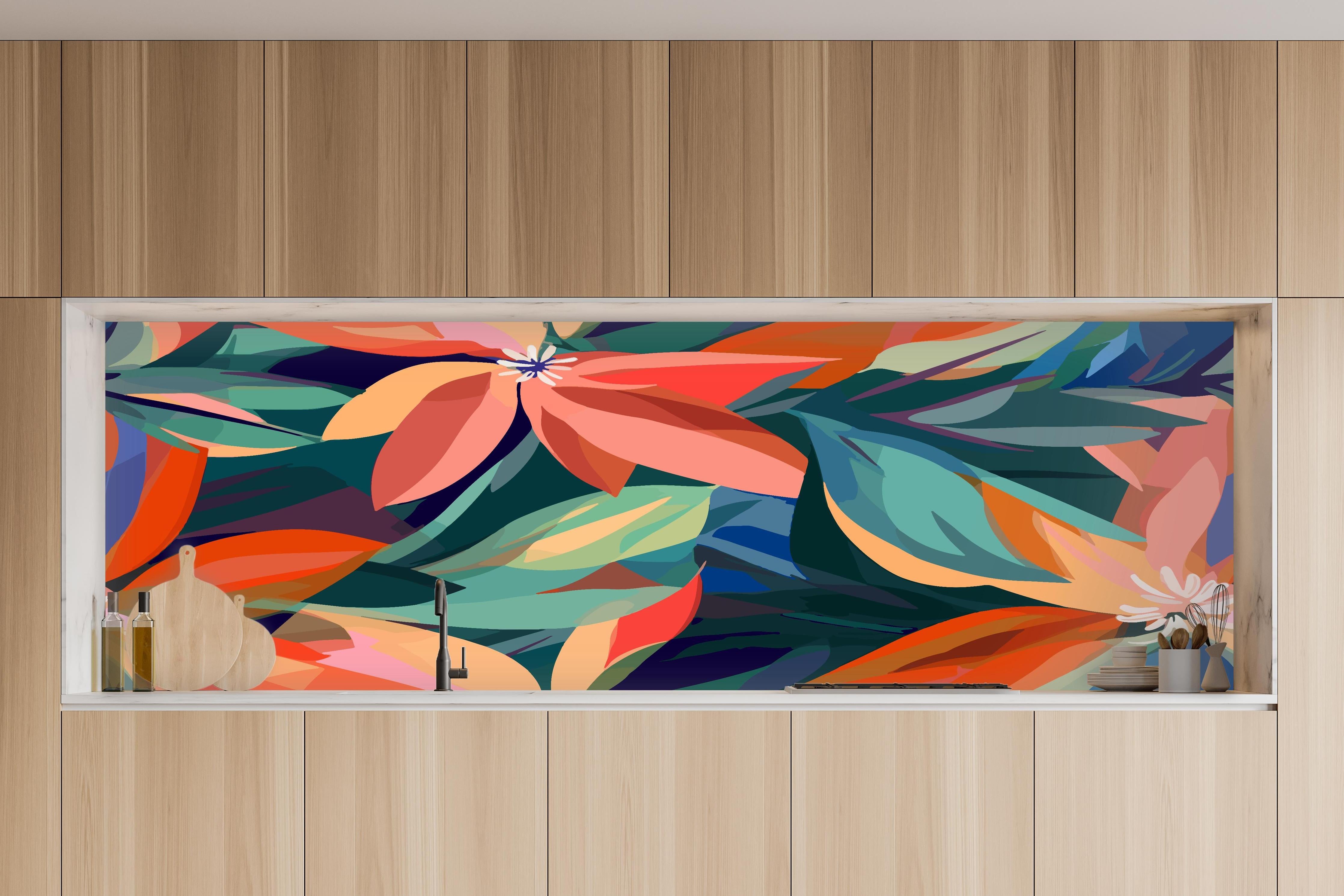 Küche - Tropische Petals Koralle-Grün in charakteristischer Vollholz-Küche mit modernem Gasherd