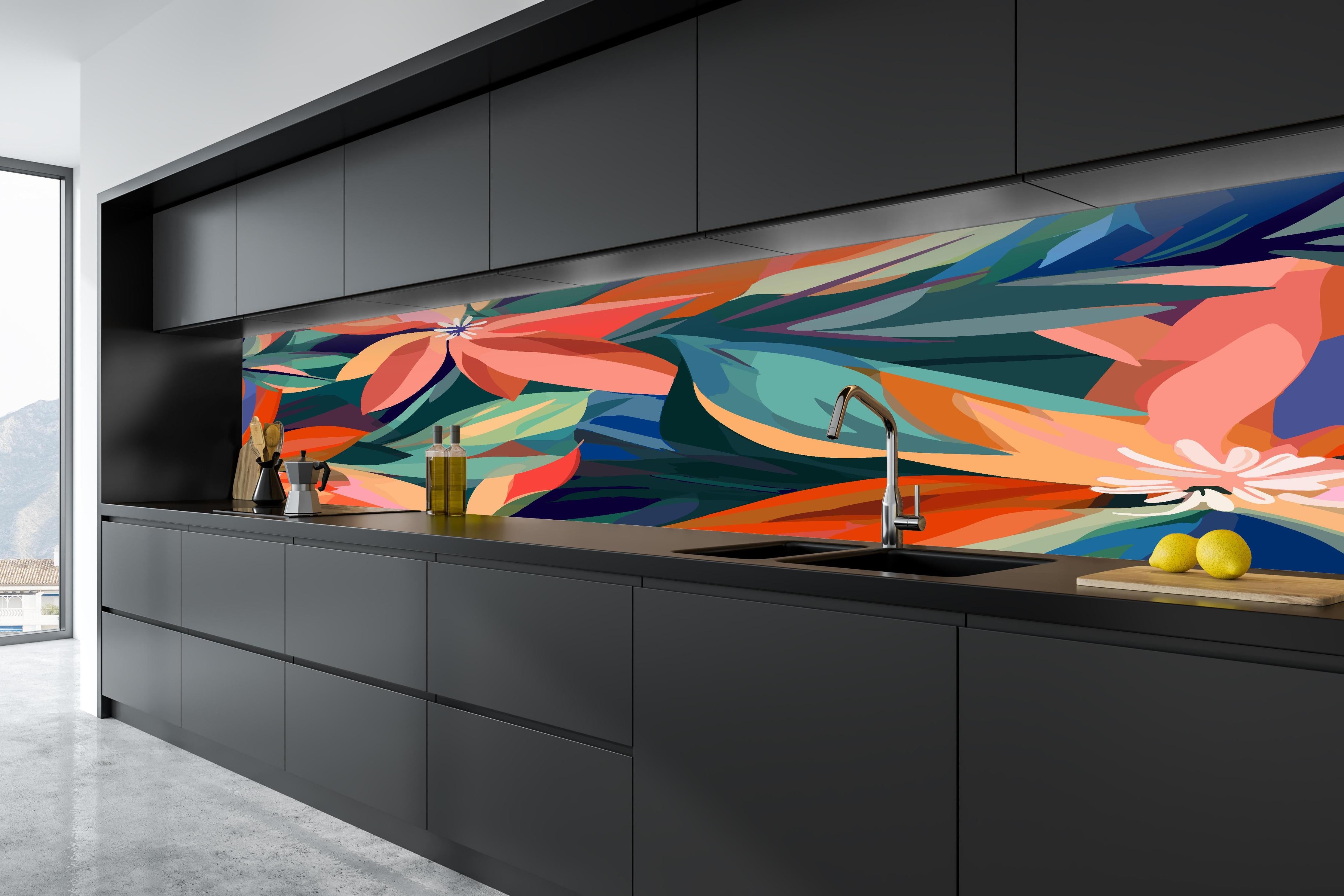 Küche - Tropische Petals Koralle-Grün in tiefschwarzer matt-premium Einbauküche