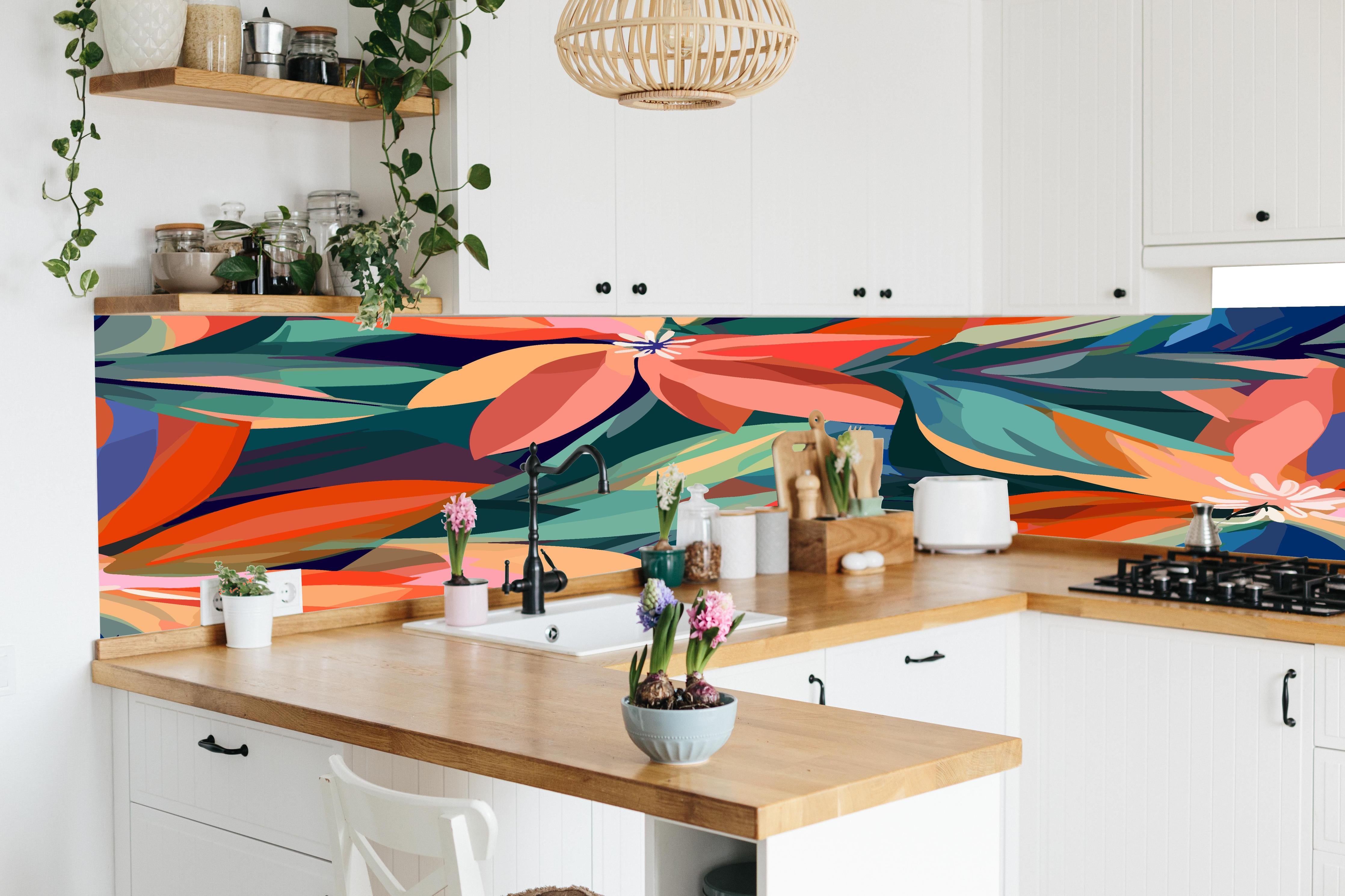 Küche - Tropische Petals Koralle-Grün in lebendiger Küche mit bunten Blumen