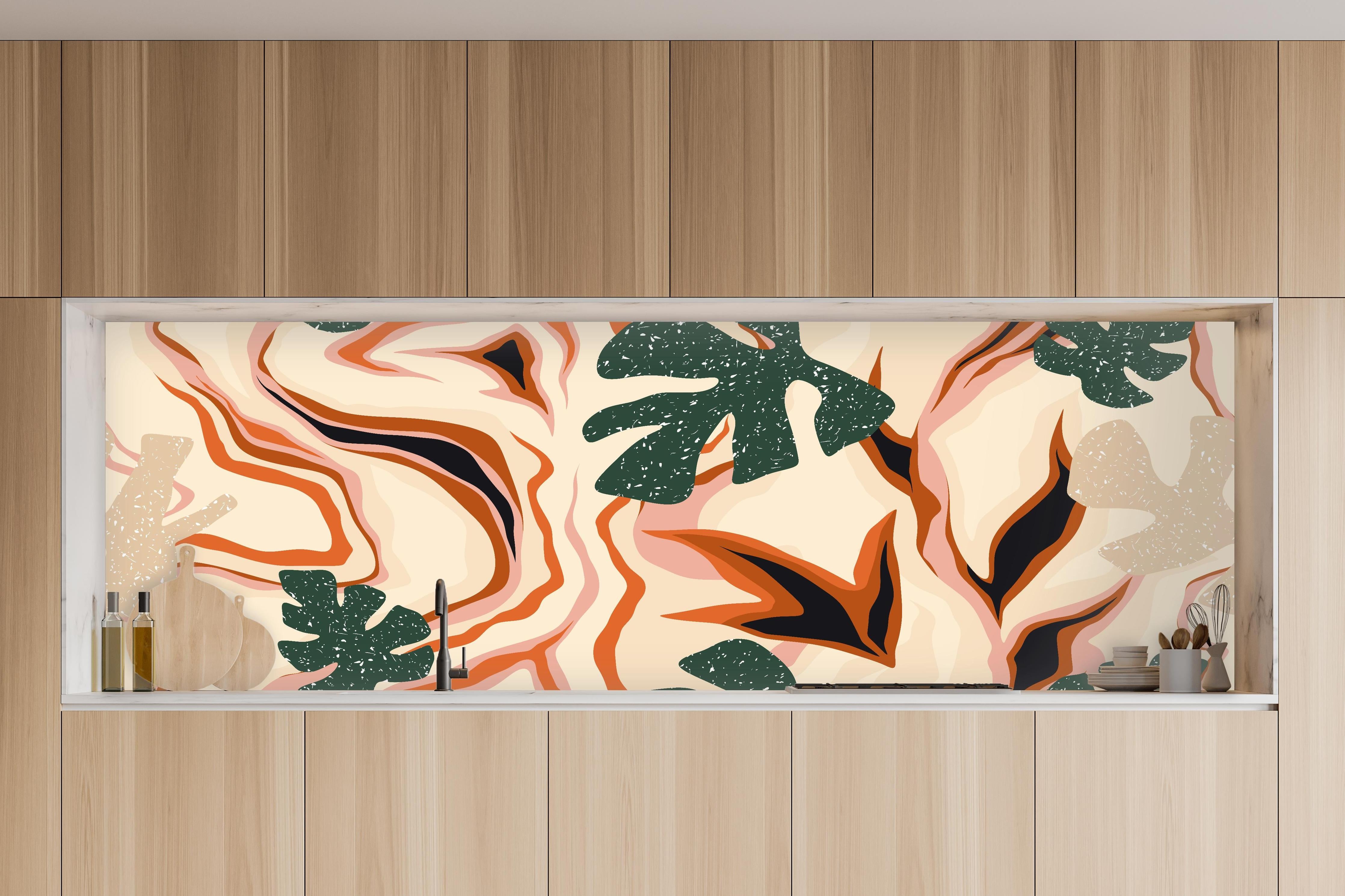 Küche - Tropischer Vortex Beige-Orange in charakteristischer Vollholz-Küche mit modernem Gasherd