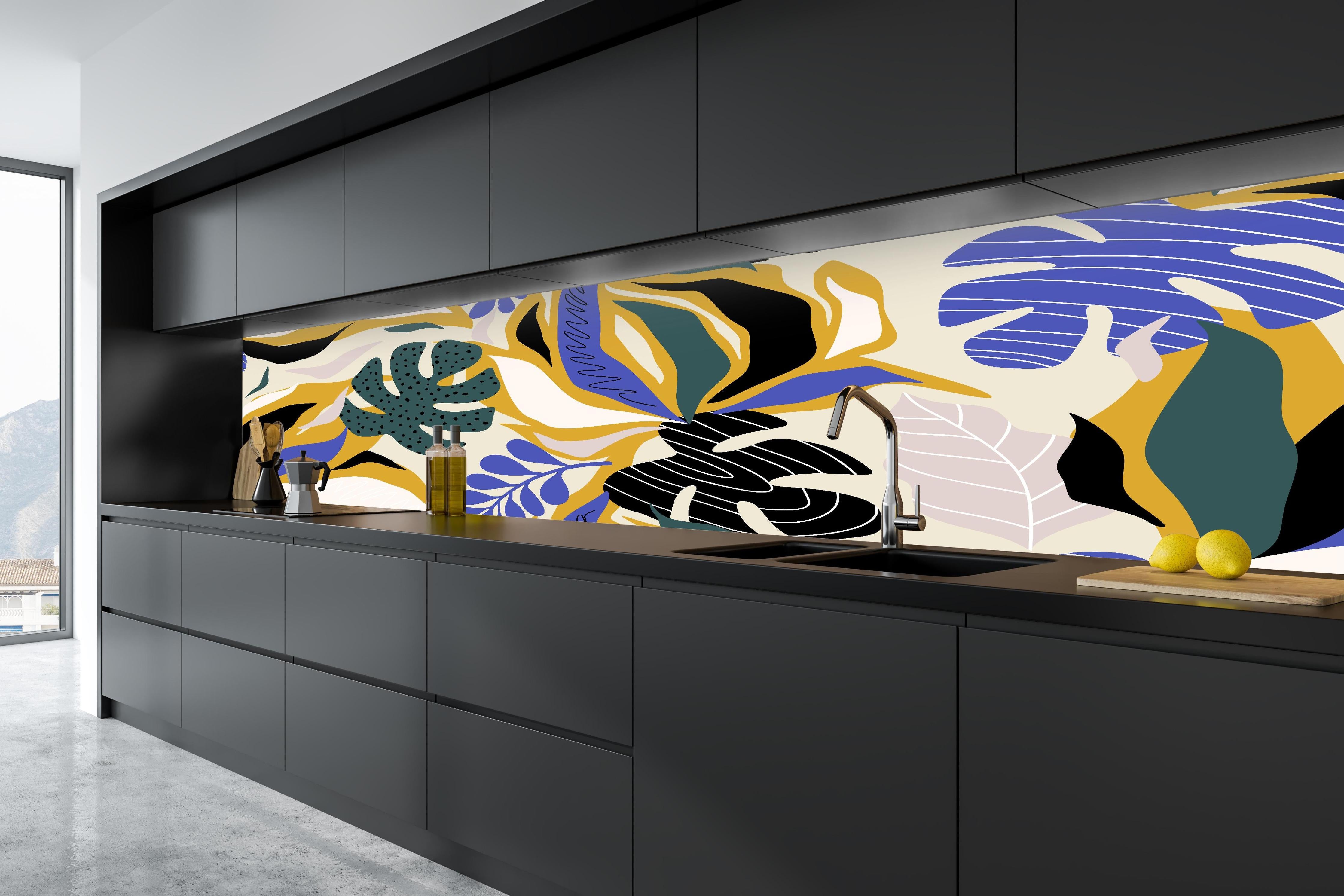 Küche - Tropisches Blattmuster Gelb-Blau in tiefschwarzer matt-premium Einbauküche