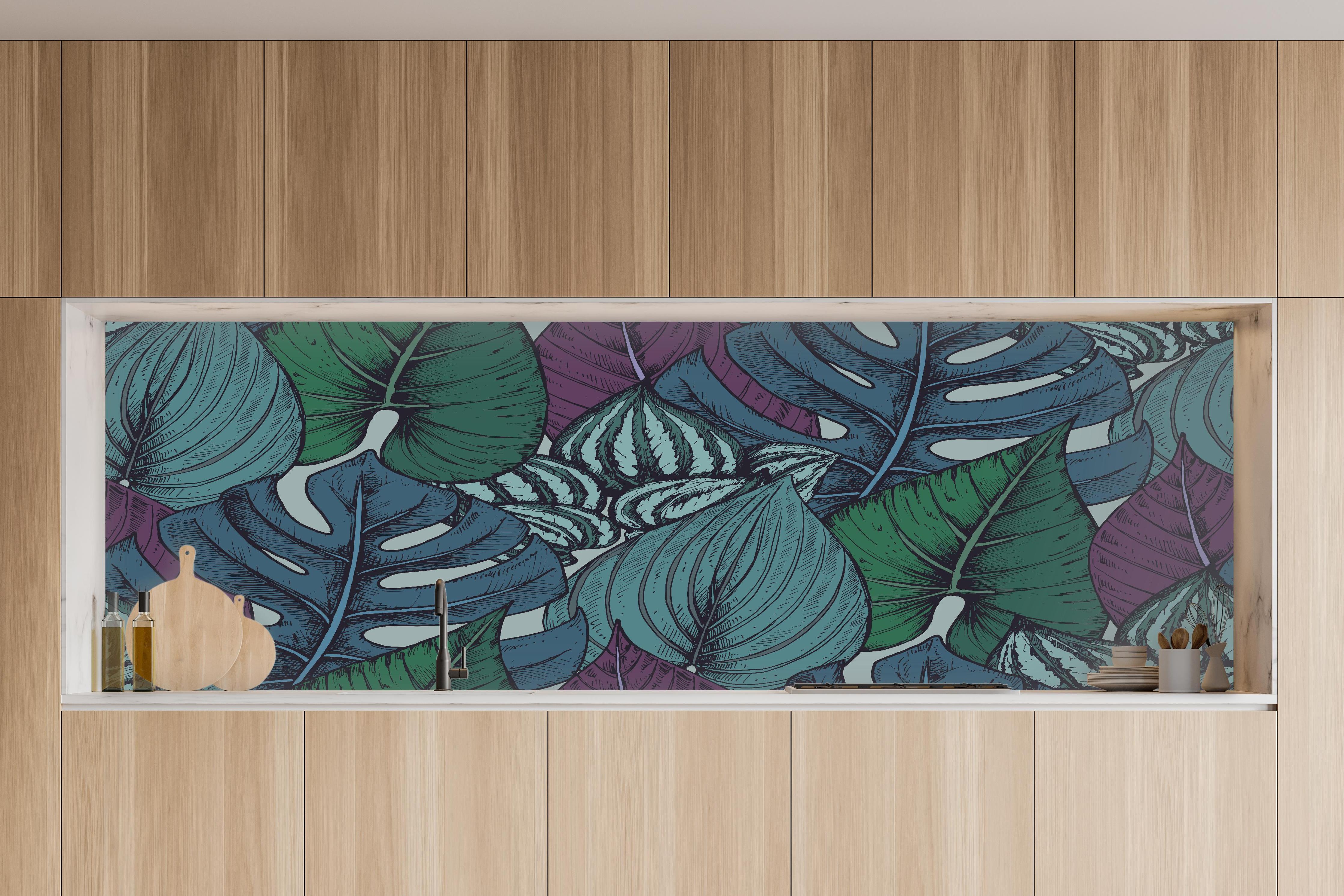 Küche - Tropisches Blattmuster Türkis-Lila in charakteristischer Vollholz-Küche mit modernem Gasherd