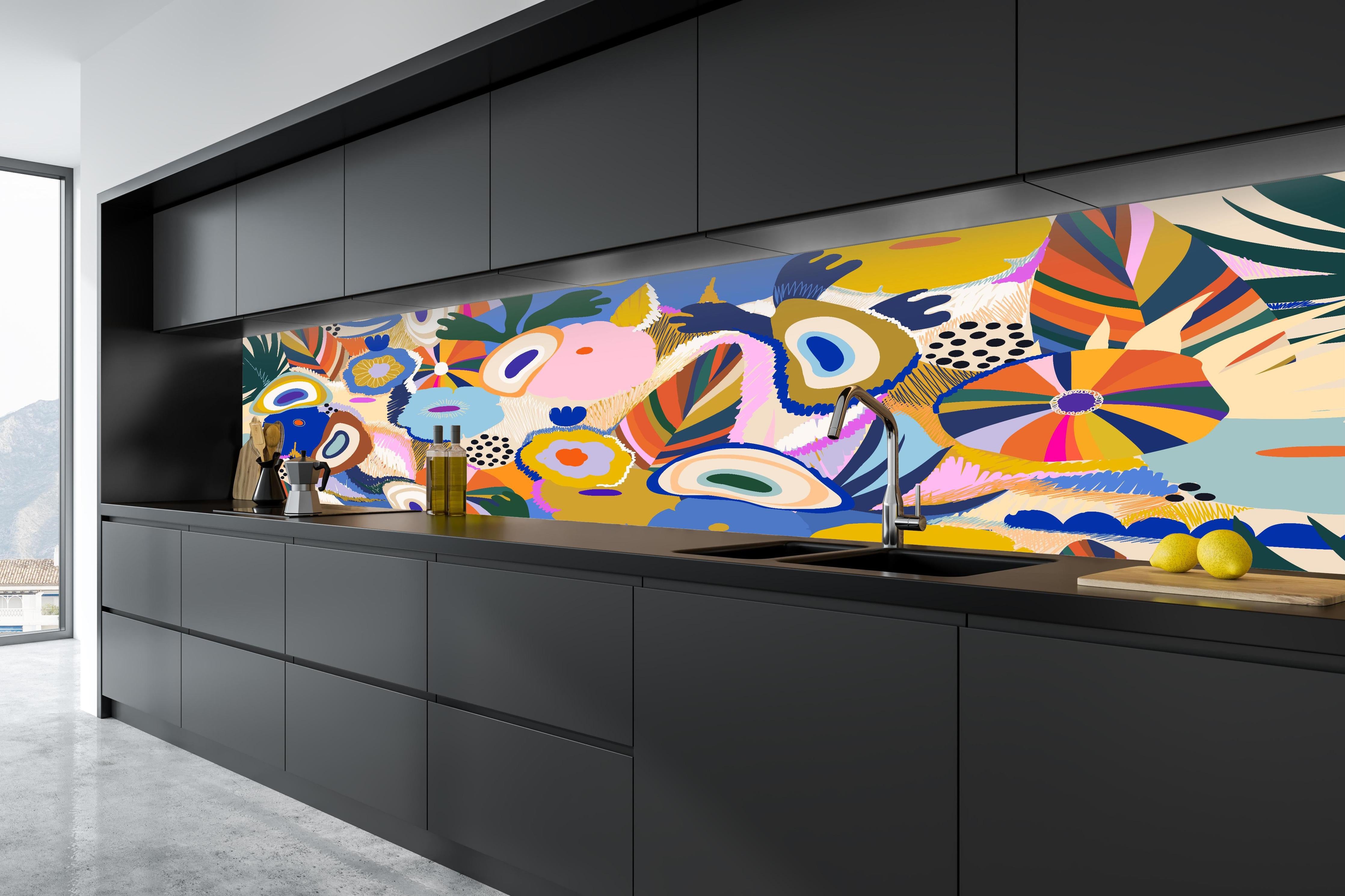 Küche - Tropisches Blumen-Abstract Bunt in tiefschwarzer matt-premium Einbauküche