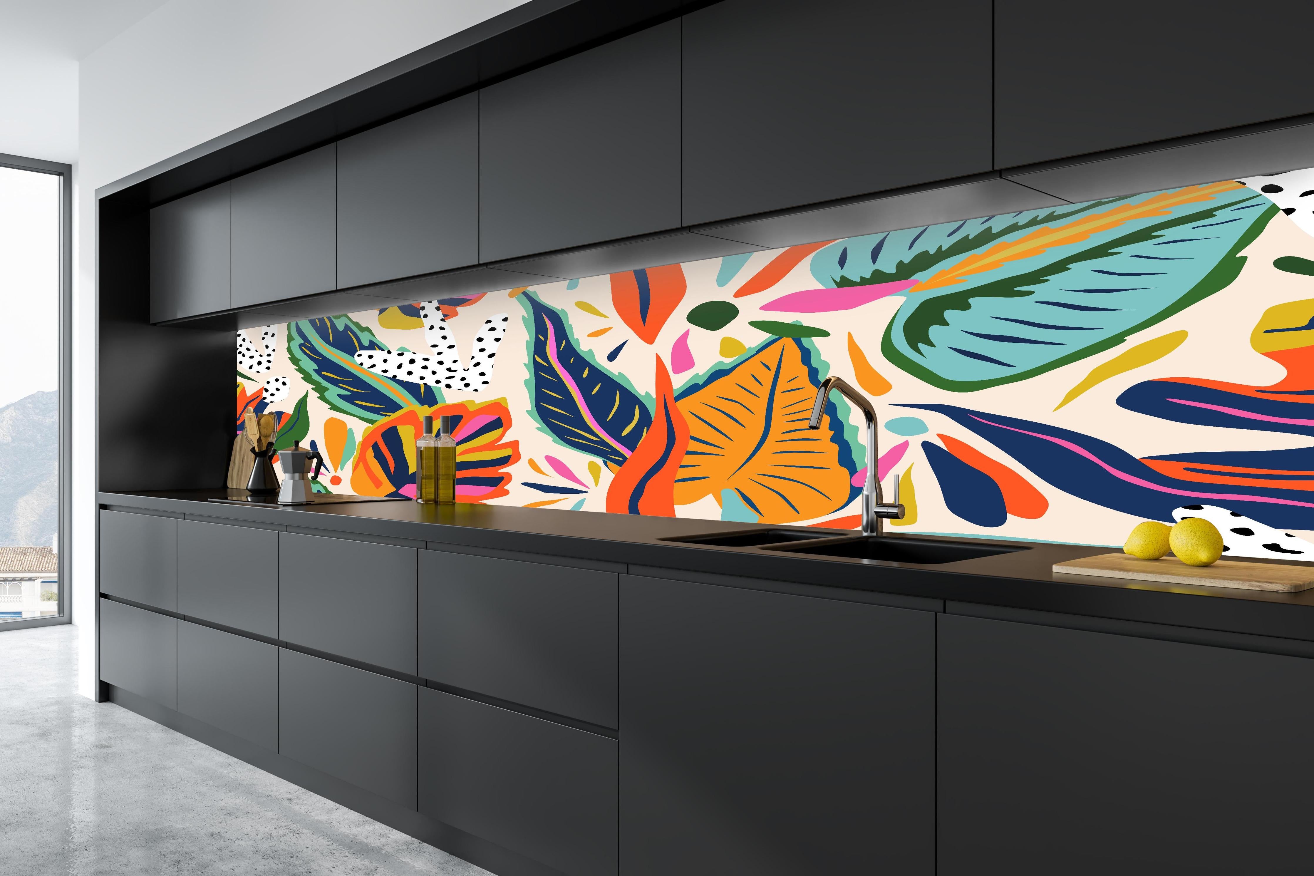 Küche - Tropisches Blumenmuster Orange-Türkis in tiefschwarzer matt-premium Einbauküche