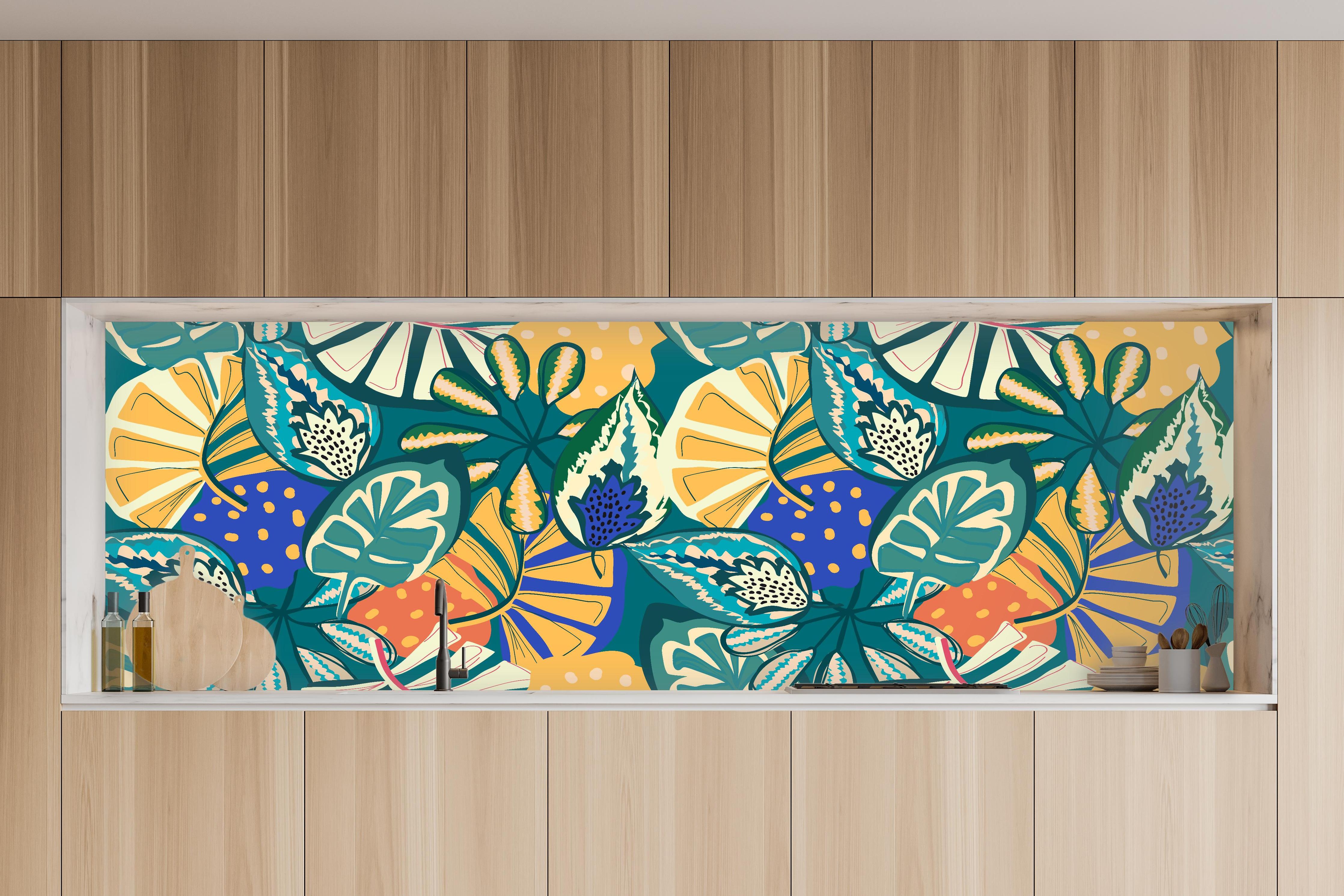 Küche - Tropisches Blumenmuster Türkis in charakteristischer Vollholz-Küche mit modernem Gasherd