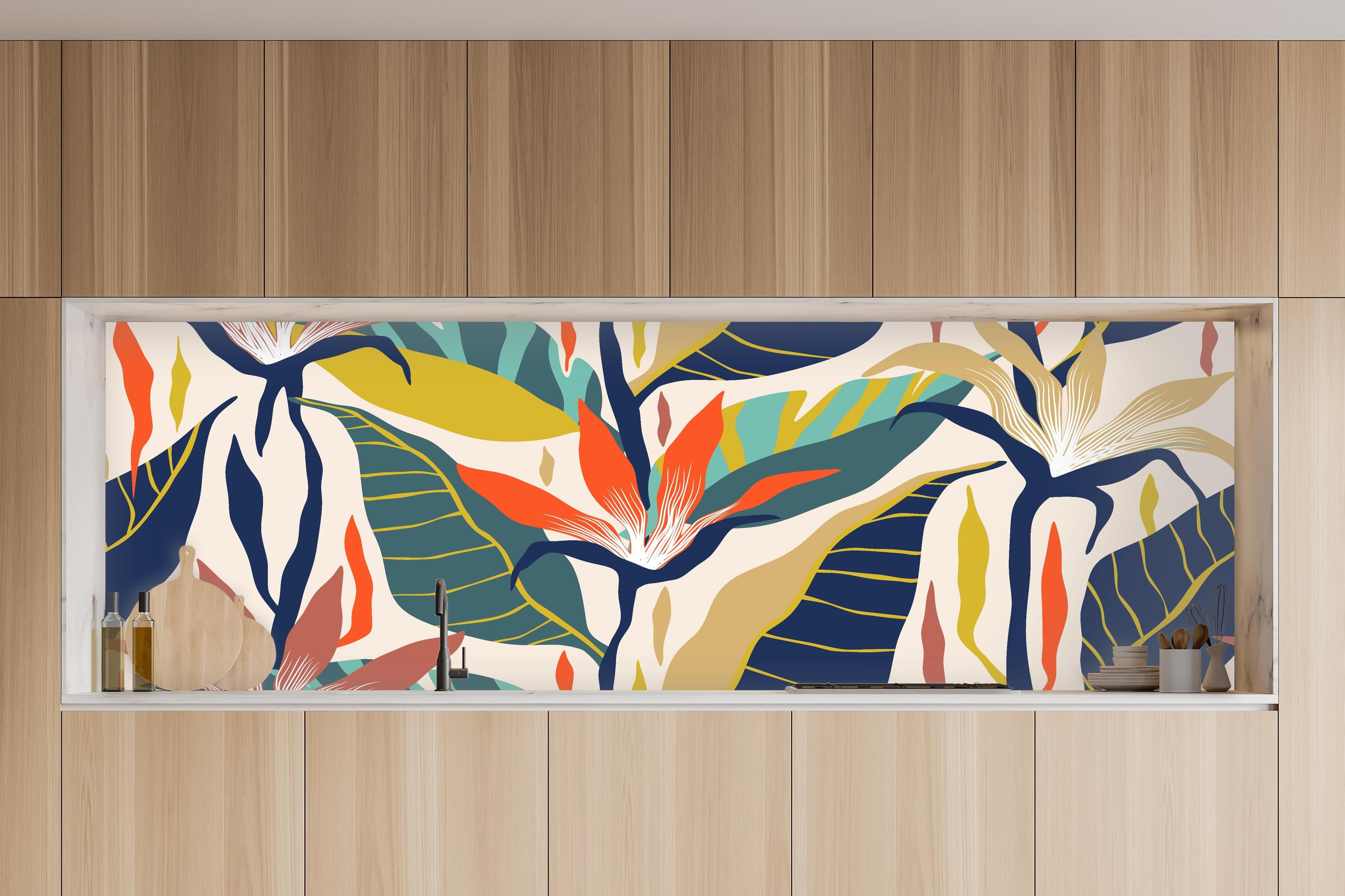 Küche - Tropisches Botanik-Muster Blau-Gelb in charakteristischer Vollholz-Küche mit modernem Gasherd